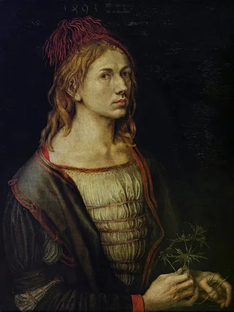 Portrait of the Artist Holding a Thistle by Albrecht Dürer, 1493