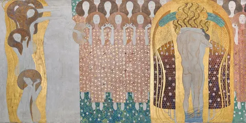 Beethoven Frieze: Yearning for happiness is assuaged in poetry by Gustav Klimt, 1901