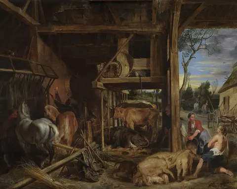 Interior of a barn with the Prodigal Son tending the swines by Peter Paul Rubens, c. 1618–1619