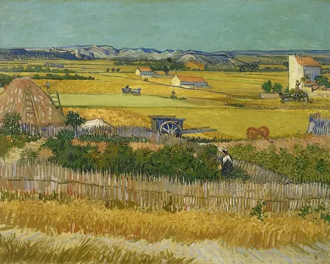 Harvest at La Crau, with Montmajour in the Background by Vincent van Gogh, 1888