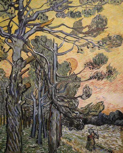 Pine Trees against a Red Sky with Setting Sun by Vincent van Gogh, 1889