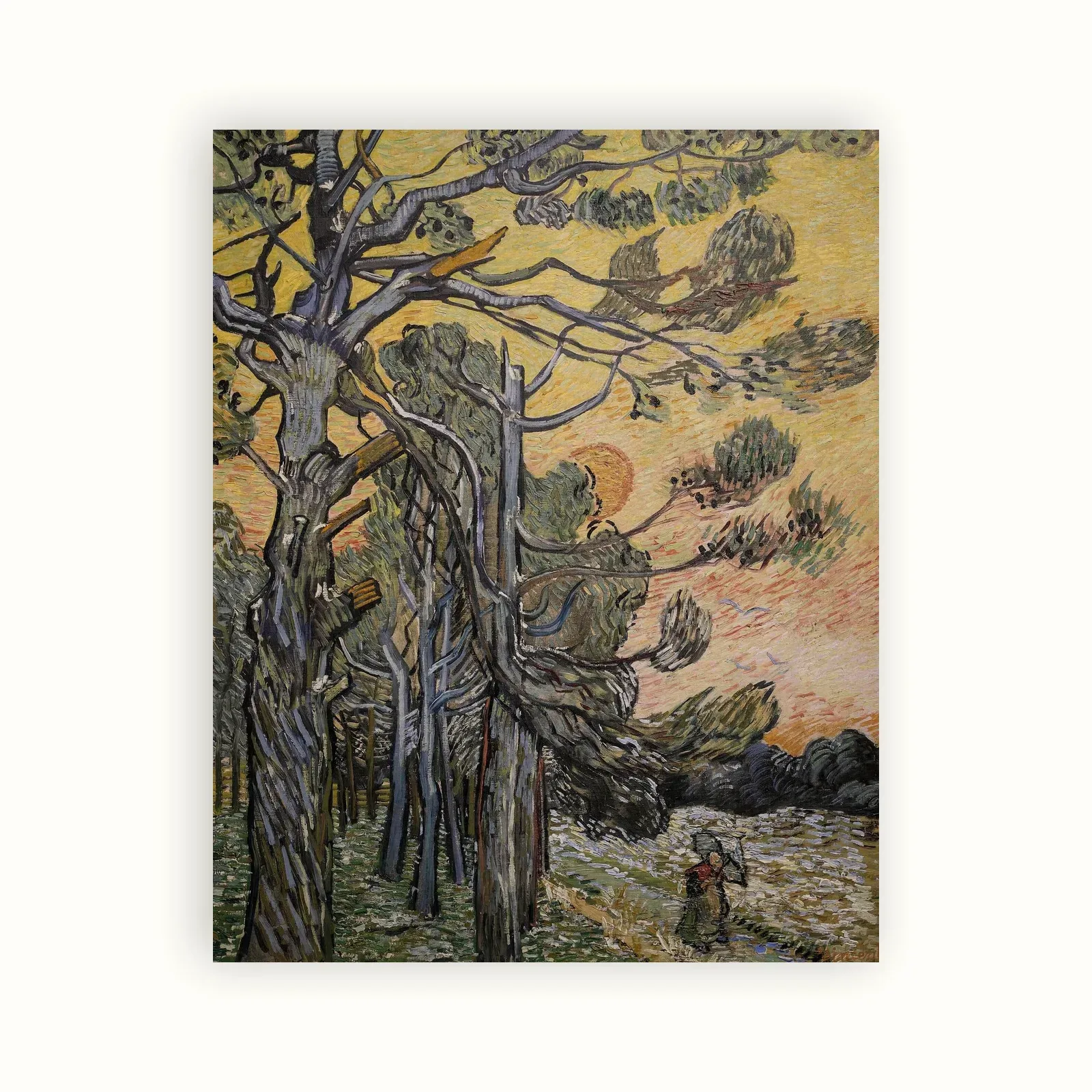 Pine Trees against a Red Sky with Setting Sun by Vincent van Gogh, 1889: as a fine art print