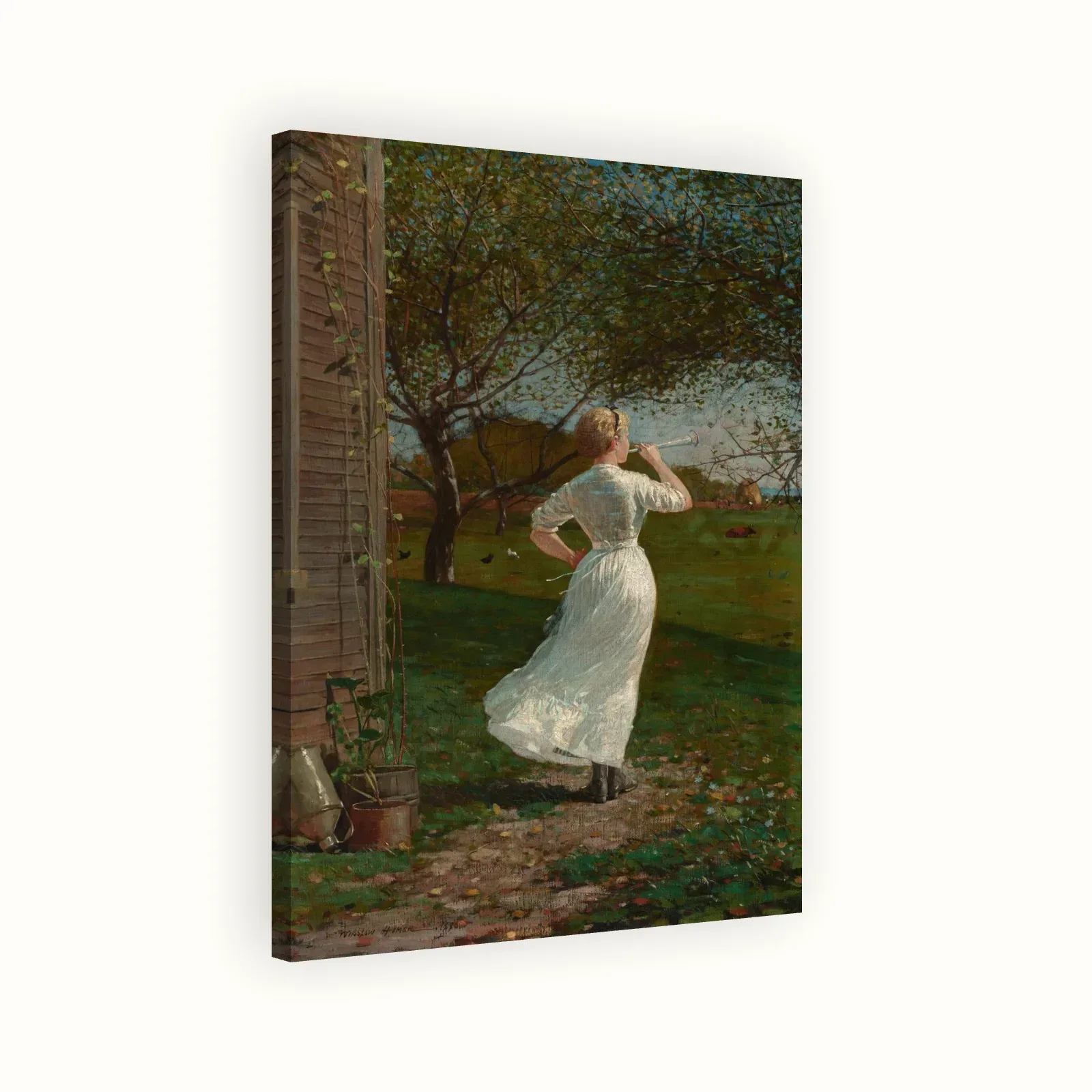 The Dinner Horn (Blowing the Horn at Seaside) by Winslow Homer, 1870: Stretched canvas