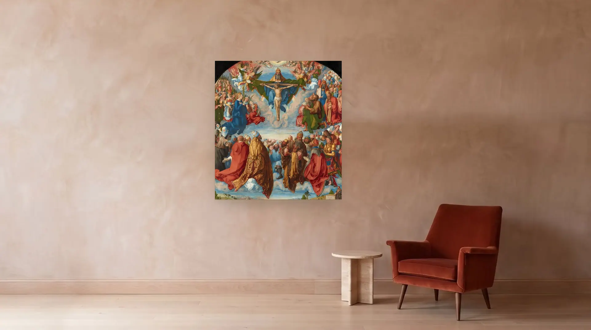 Adoration of the Trinity by Albrecht Dürer shown at its true size, 48½" × 53", beside an armchair