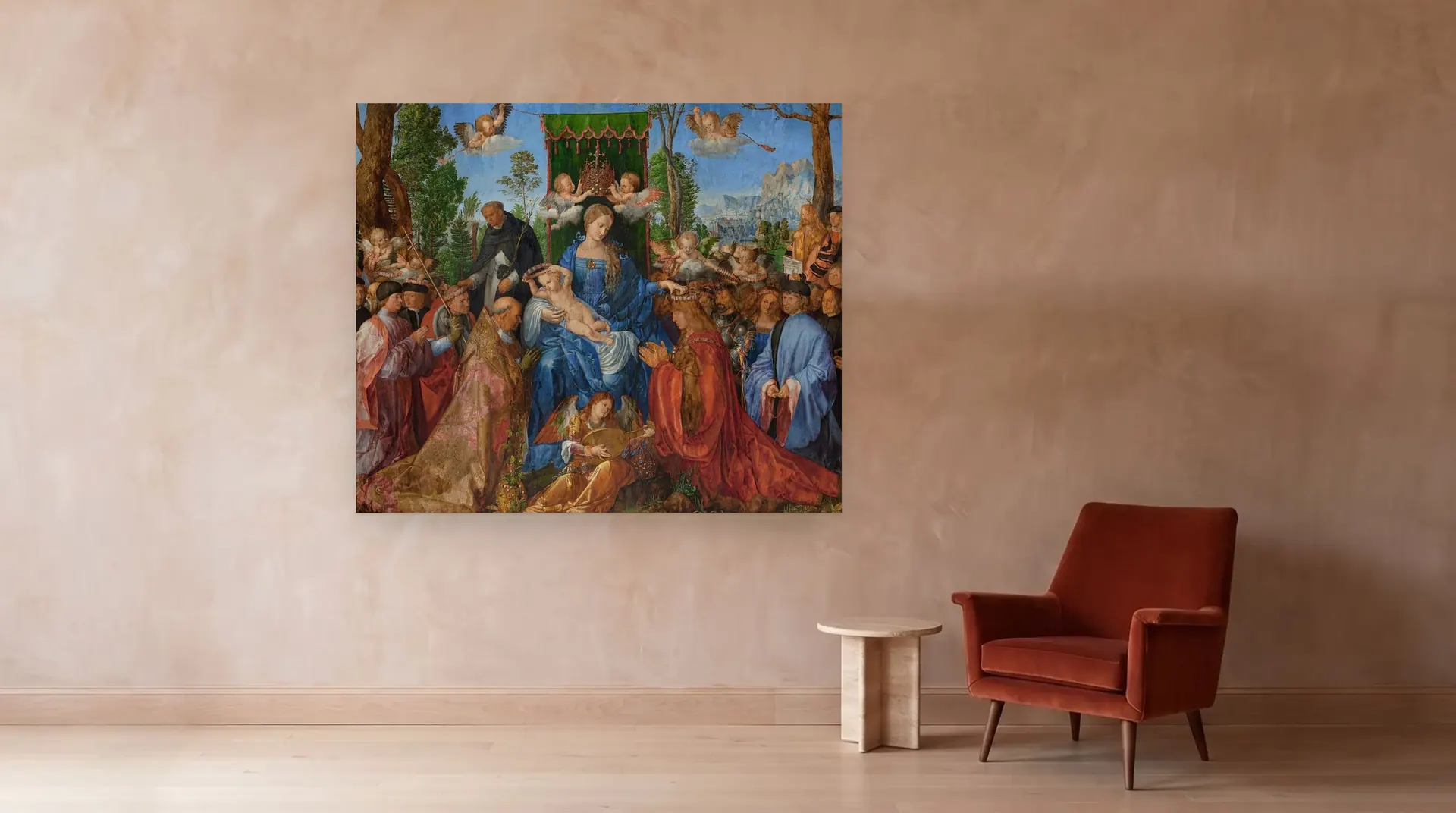 Feast of the Rosary by Albrecht Dürer shown at its true size, 75½" × 64", beside an armchair
