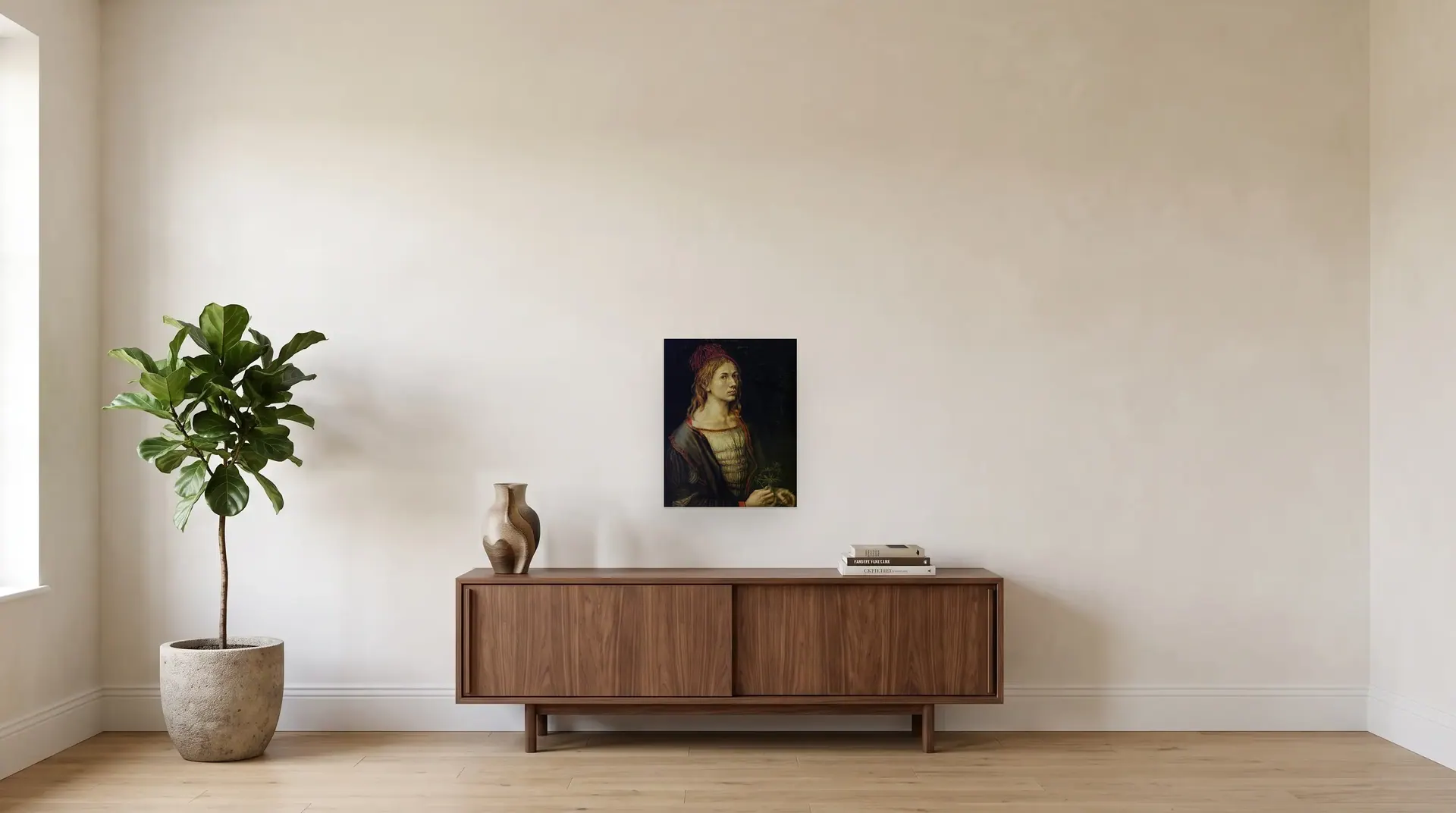 Portrait of the Artist Holding a Thistle by Albrecht Dürer shown at its true size, 17½" × 22", over a 72" sideboard
