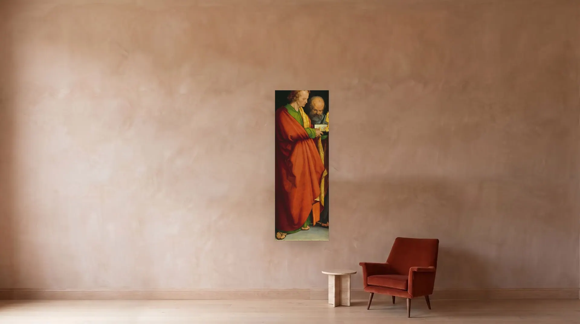 The Four Apostles: Saints John and Peter by Albrecht Dürer shown at its true size, 30" × 84", beside an armchair