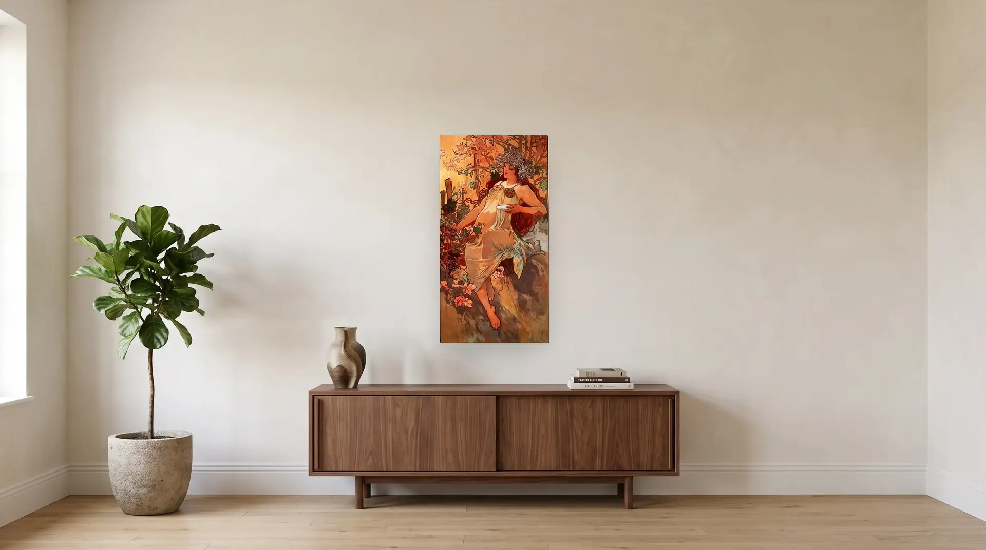 Autumn, from The Seasons by Alphonse Mucha shown at its true size, 21½" × 40½", over a 72" sideboard