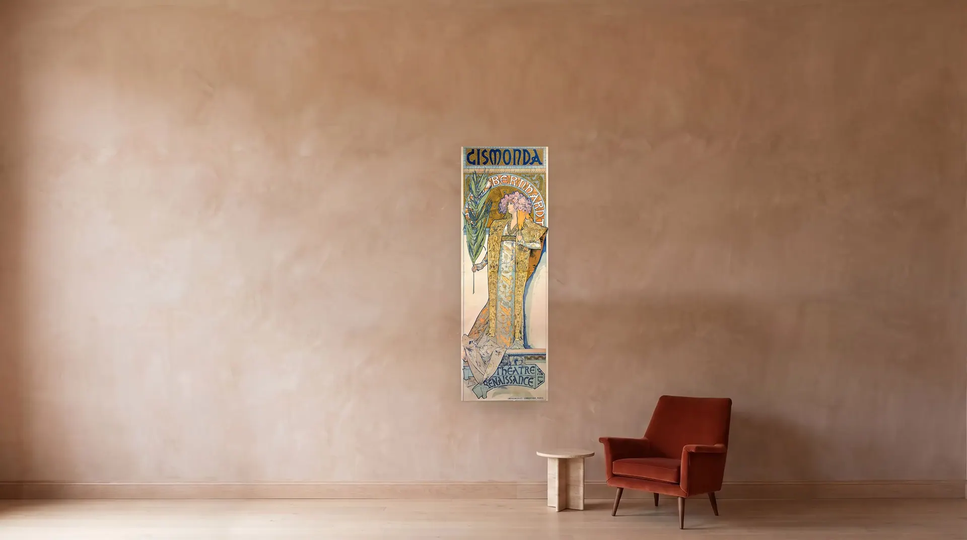 Gismonda by Alphonse Mucha shown at its true size, 29" × 85", beside an armchair