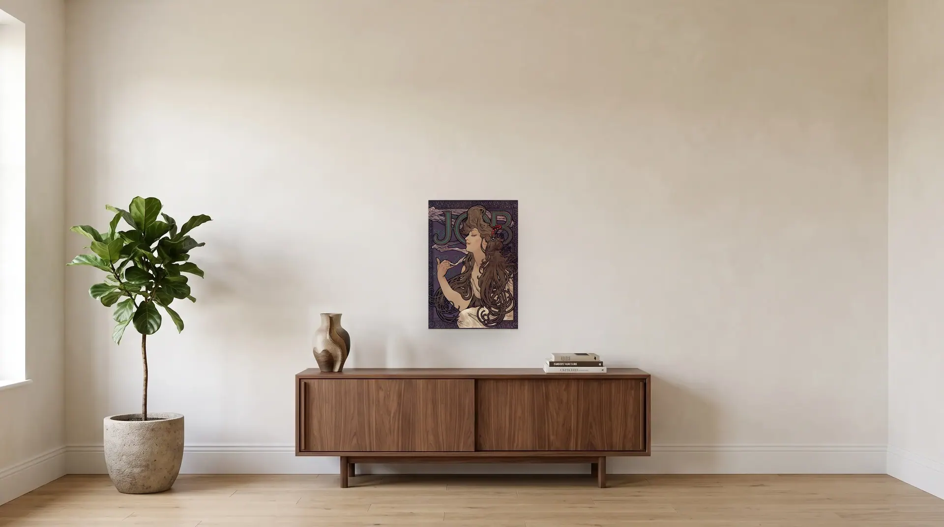 Job by Alphonse Mucha shown at its true size, 18½" × 26½", over a 72" sideboard