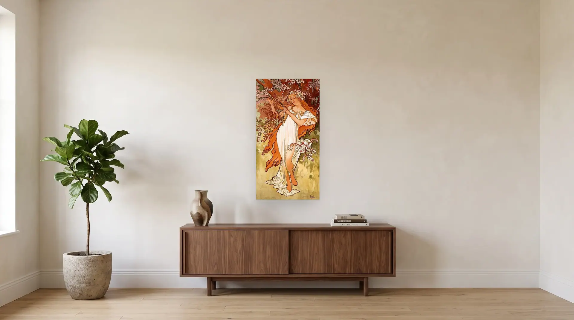 Spring, from The Seasons by Alphonse Mucha shown at its true size, 21½" × 40½", over a 72" sideboard