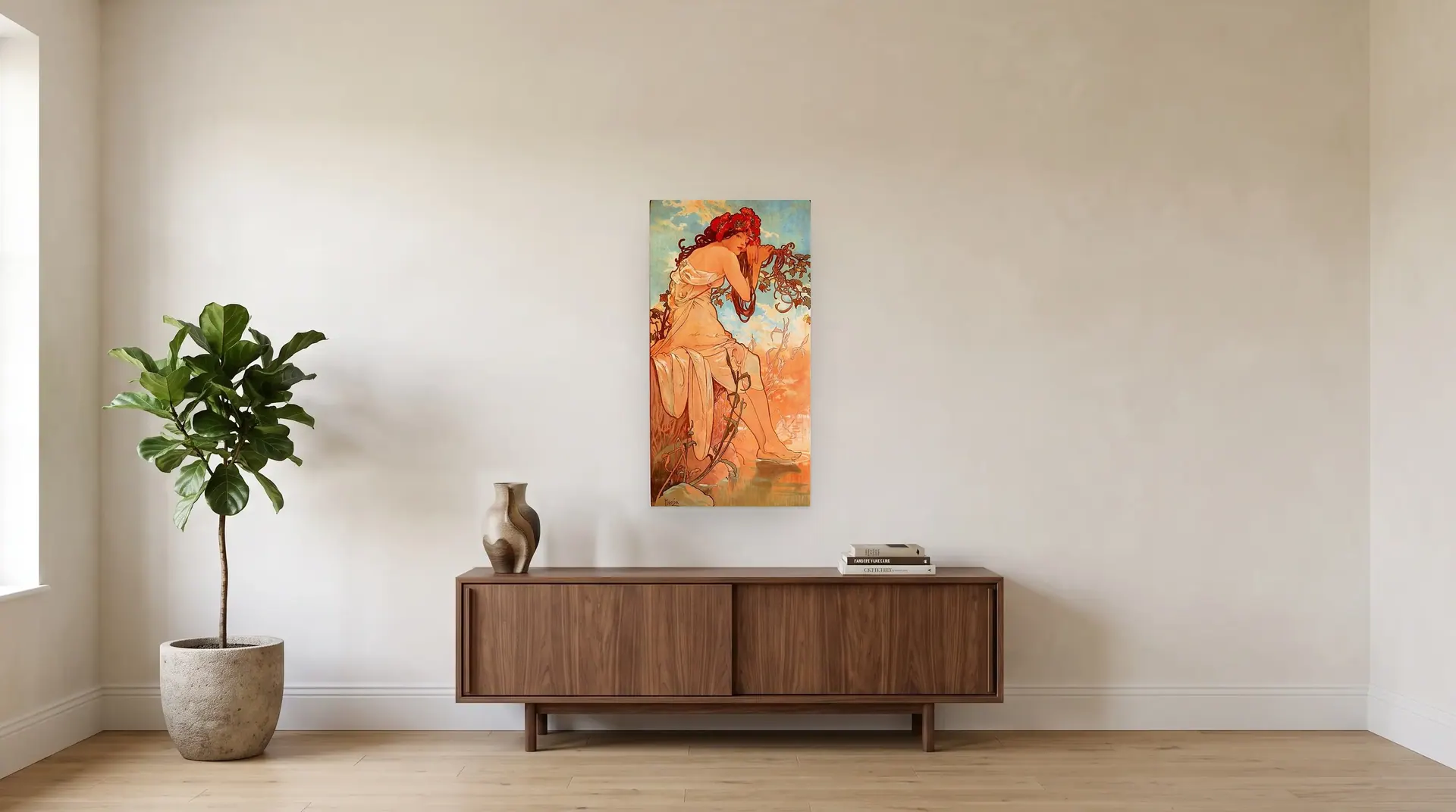 Summer, from The Seasons by Alphonse Mucha shown at its true size, 21½" × 40½", over a 72" sideboard