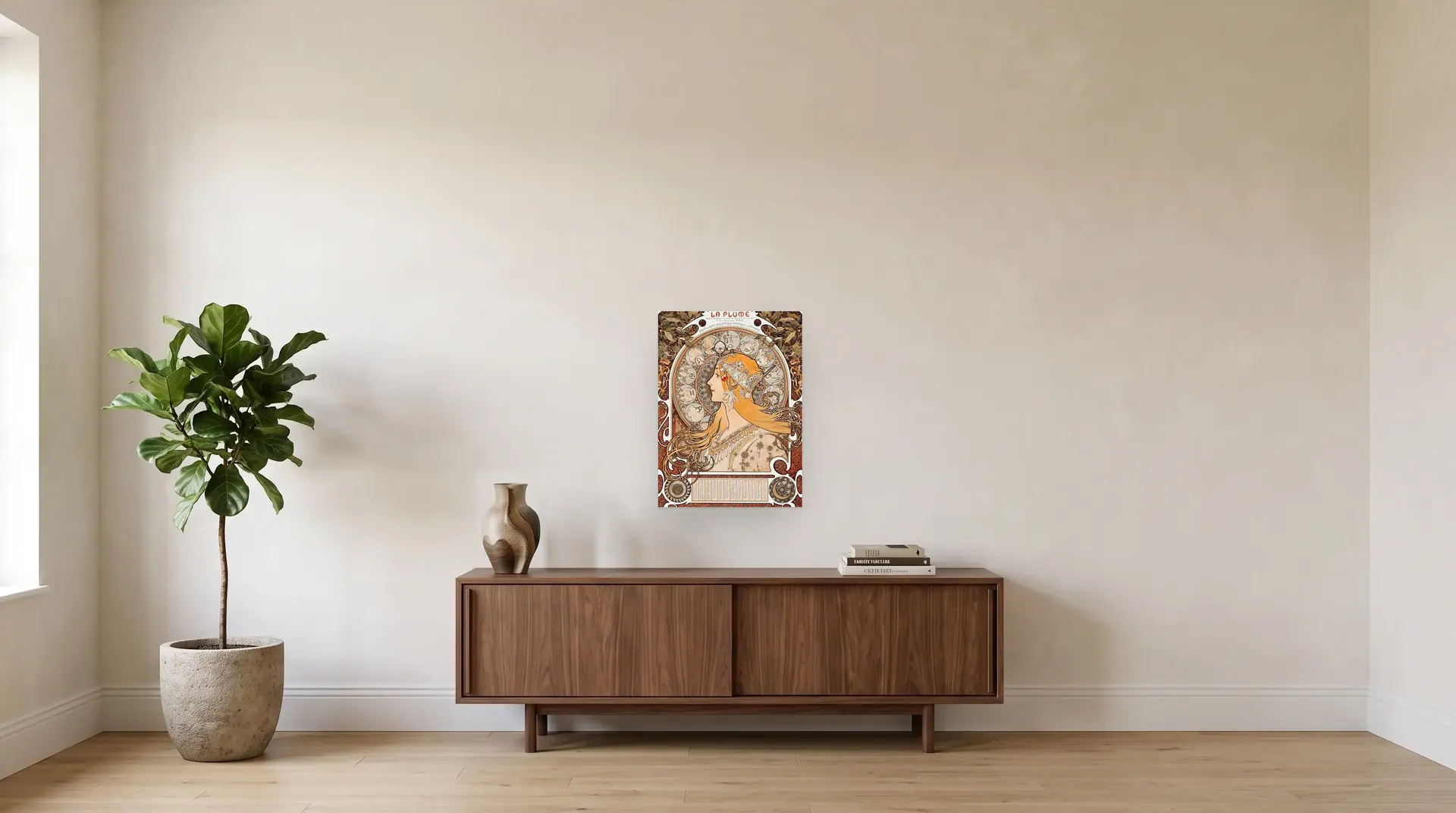 Zodiac by Alphonse Mucha shown at its true size, 19" × 26", over a 72" sideboard