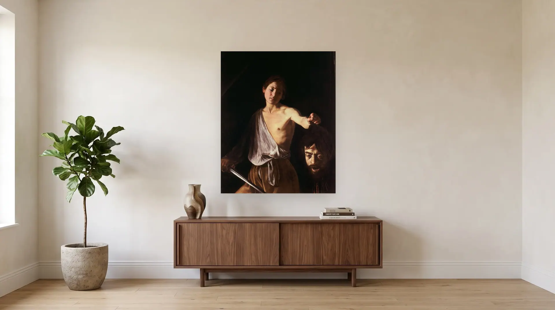 David with the Head of Goliath by Caravaggio shown at its true size, 40" × 49", over a 72" sideboard