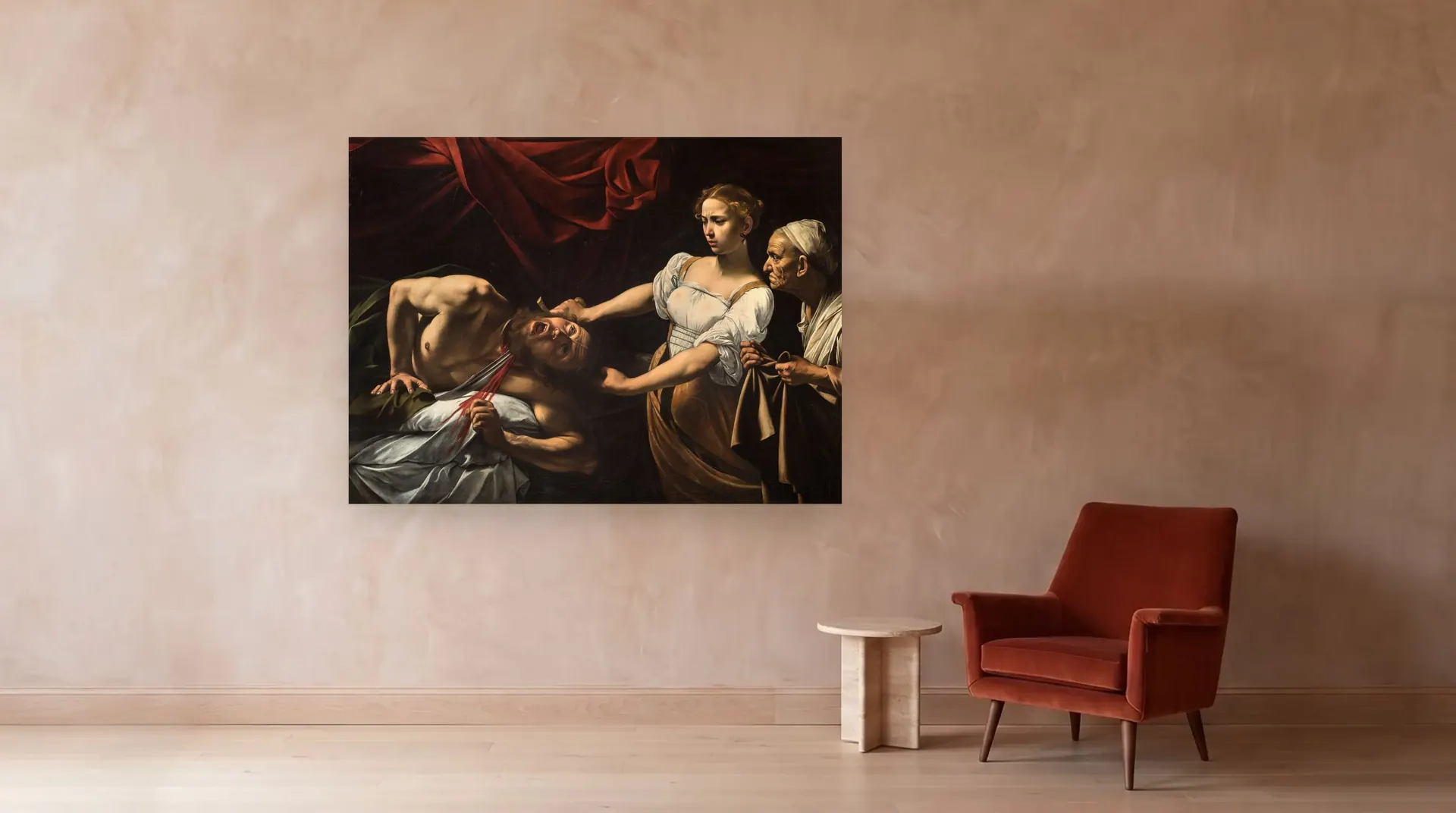 Judith Beheading Holofernes by Caravaggio shown at its true size, 77" × 57", beside an armchair