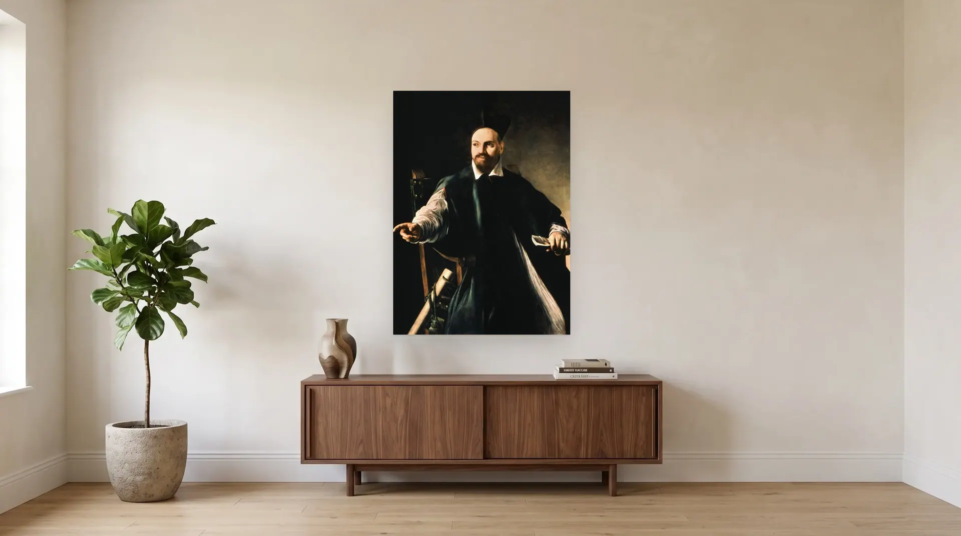 Portrait of Maffeo Barberini, later Pope Urban VIII by Caravaggio shown at its true size, 35½" × 49", over a 72" sideboard
