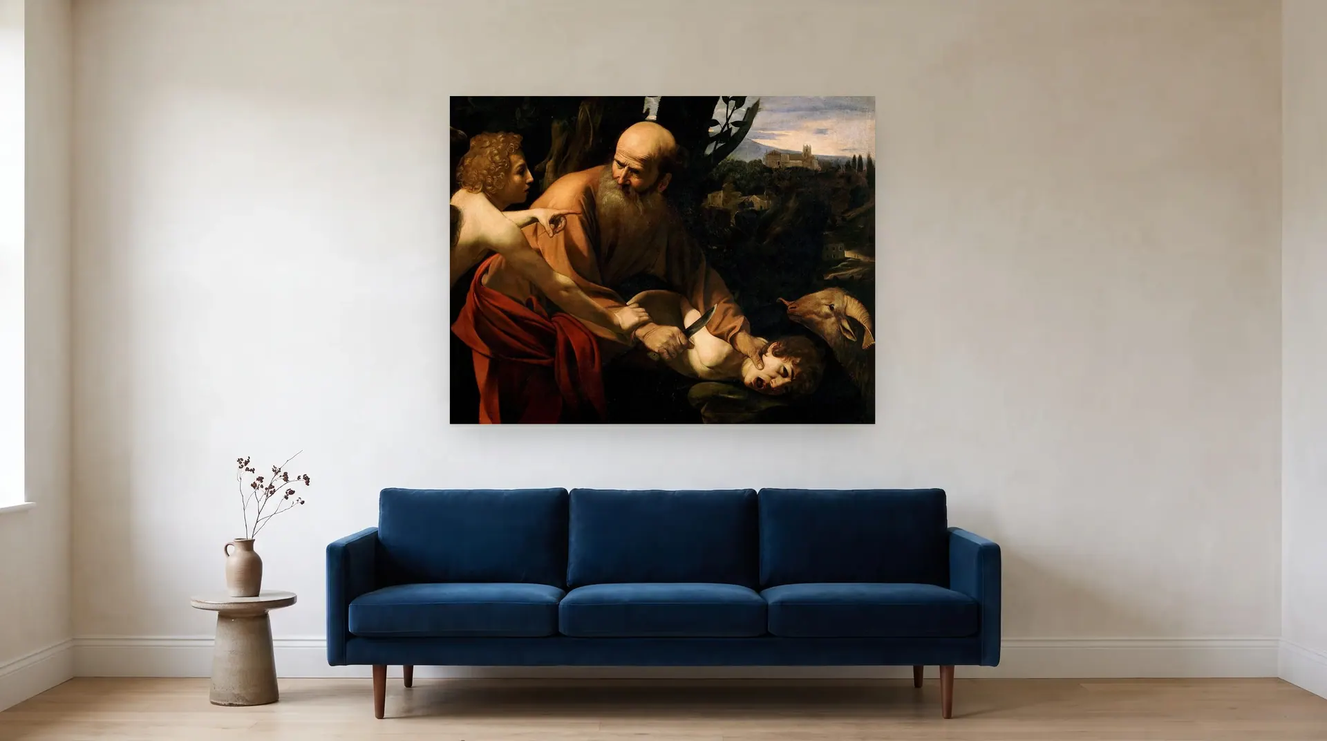Sacrifice of Isaac by Caravaggio shown at its true size, 53" × 41", over an 84" sofa