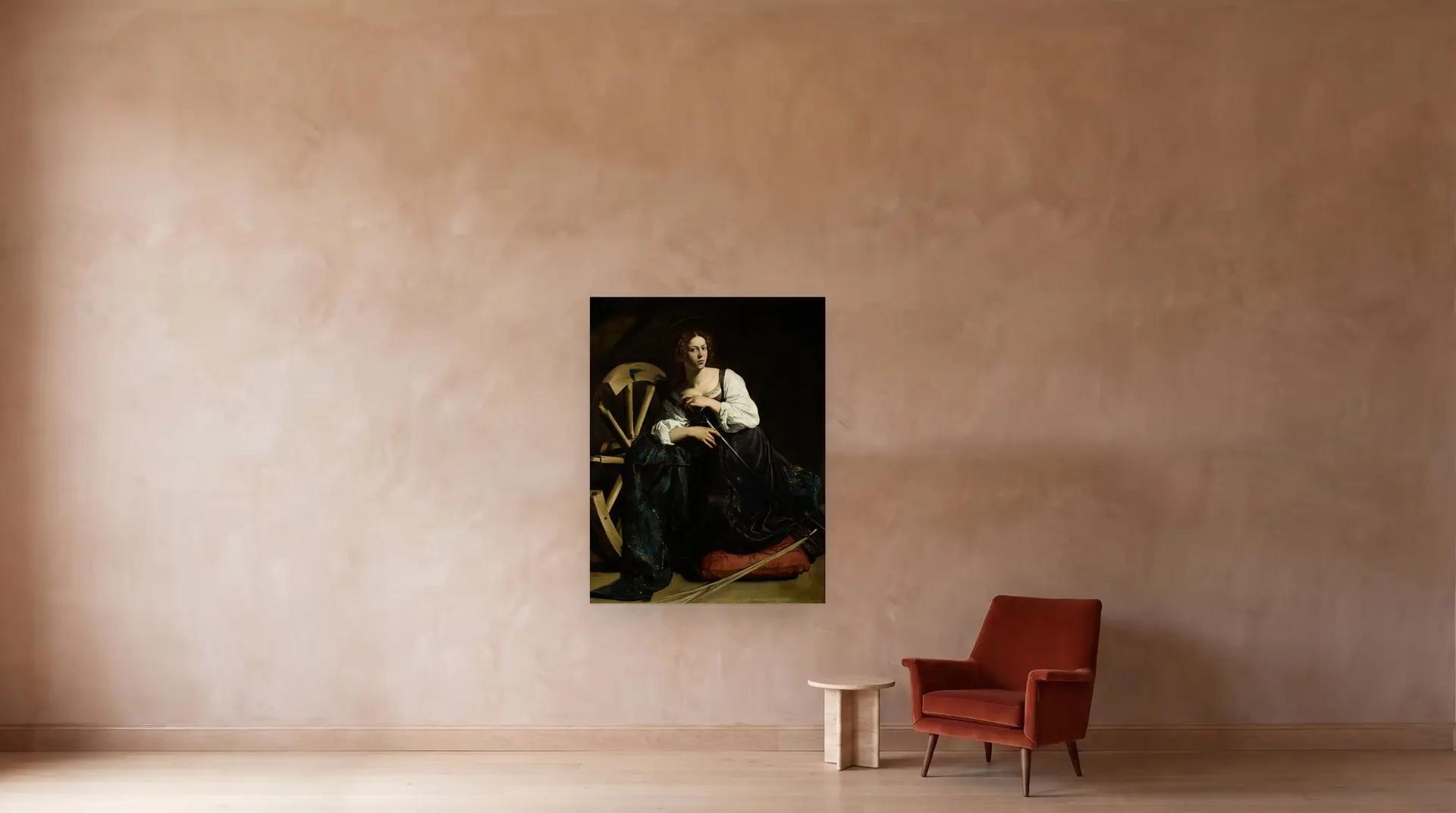 Saint Catherine of Alexandria by Caravaggio shown at its true size, 52½" × 68", beside an armchair