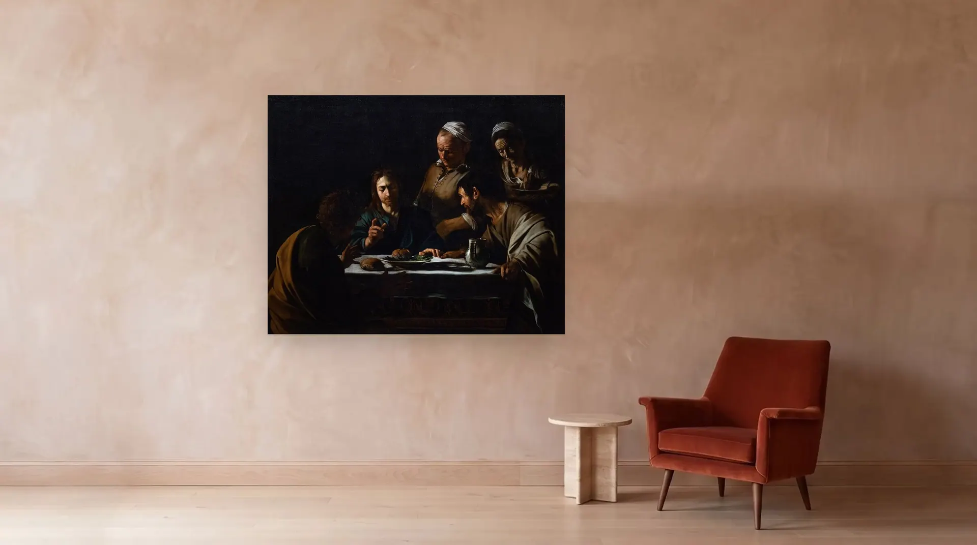 Supper at Emmaus by Caravaggio shown at its true size, 69" × 55½", beside an armchair