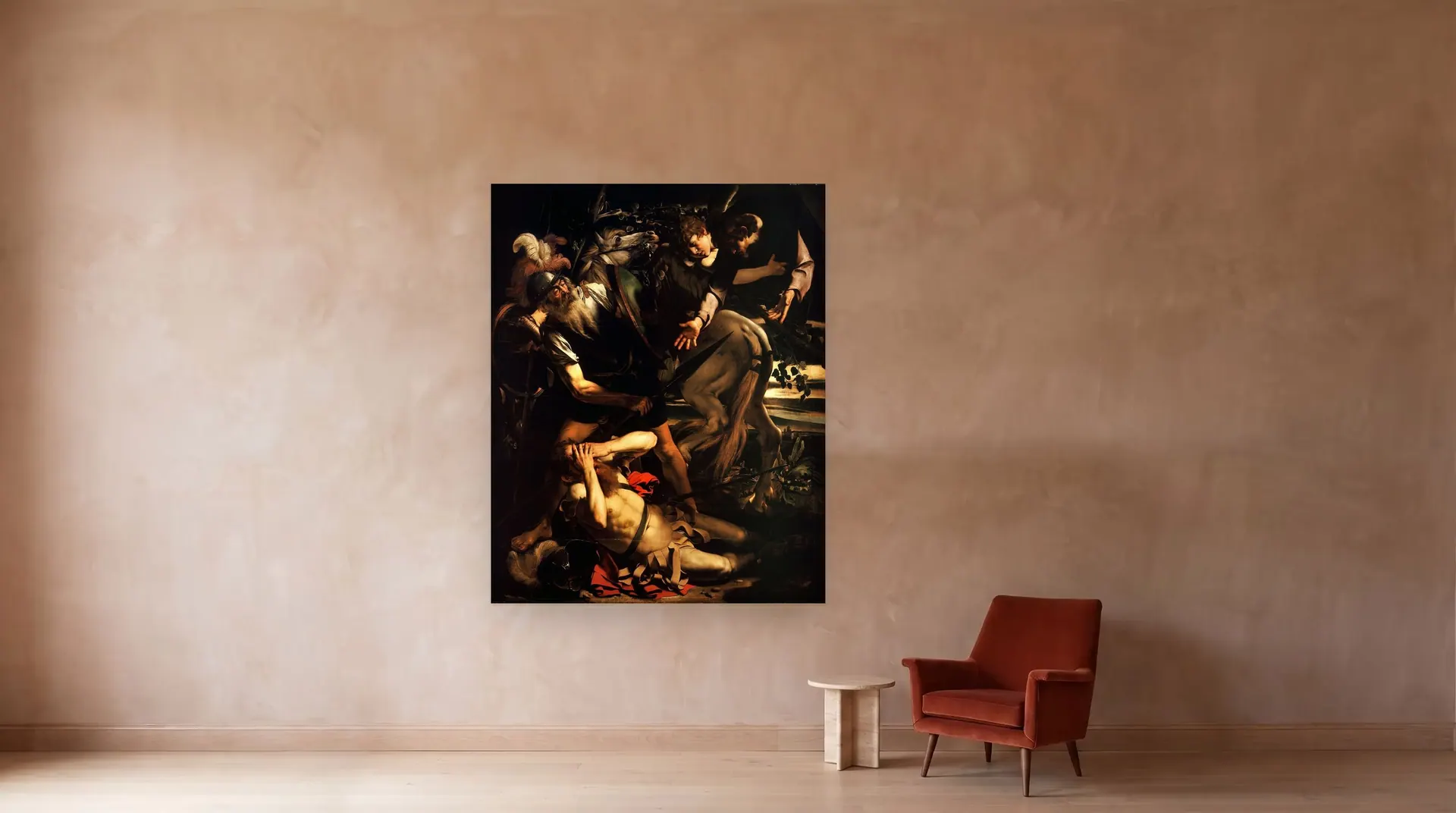 The Conversion of Saint Paul by Caravaggio shown at its true size, 74½" × 93½", beside an armchair