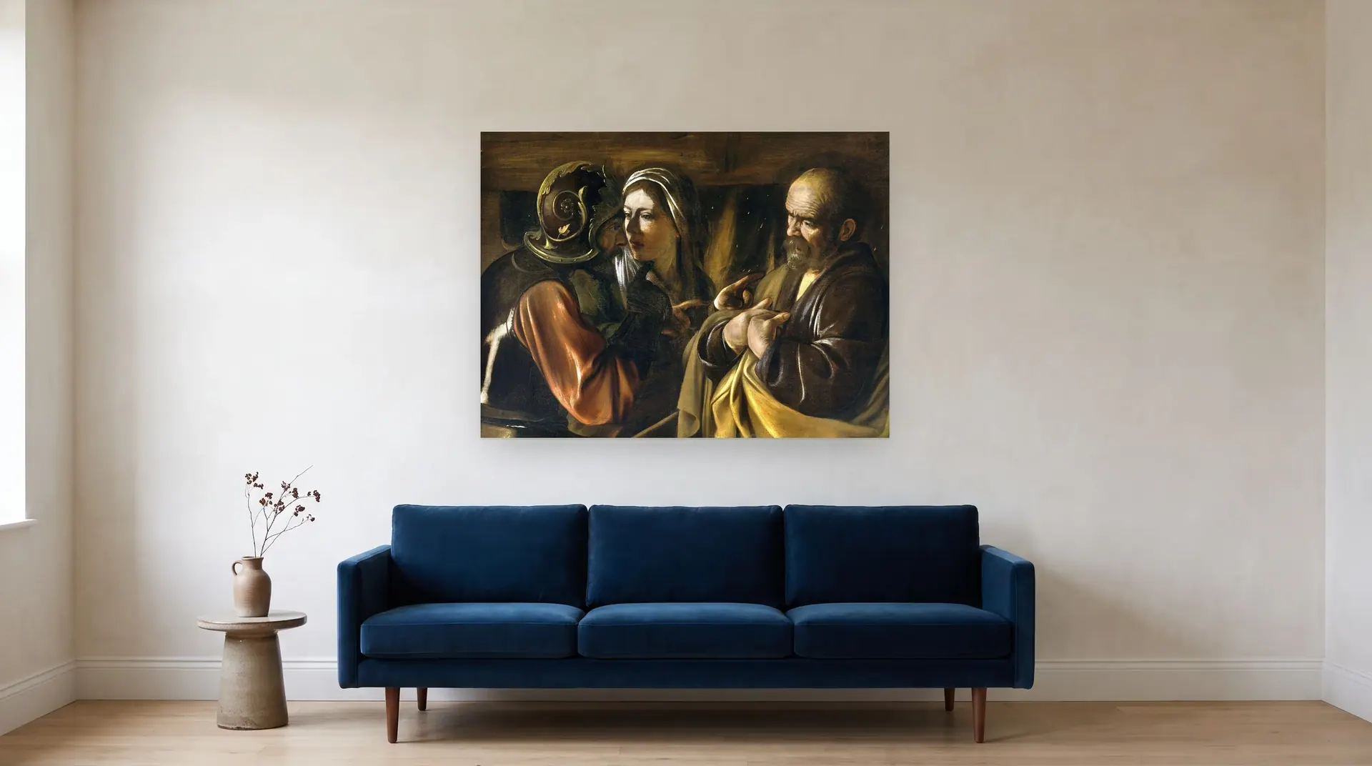 The Denial of Saint Peter by Caravaggio shown at its true size, 49½" × 37", over an 84" sofa