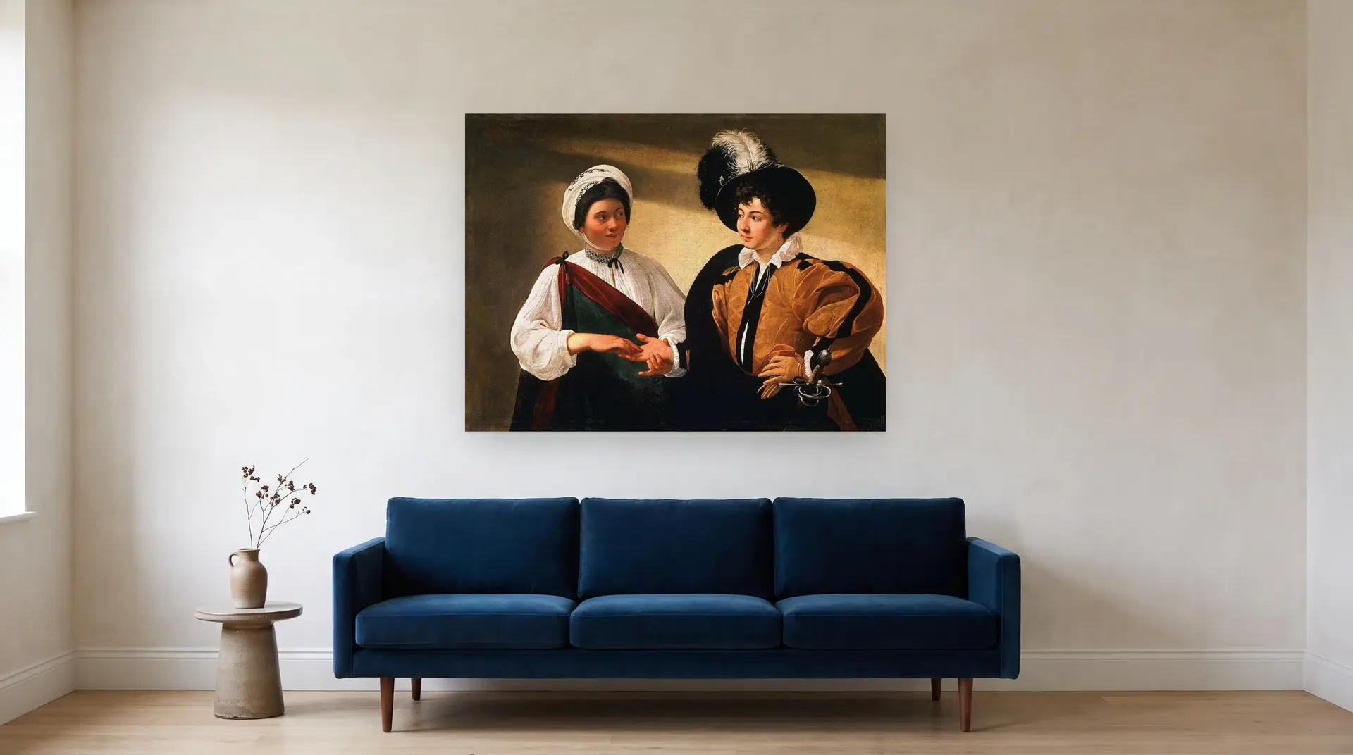 The Fortune Teller by Caravaggio shown at its true size, 51½" × 39", over an 84" sofa
