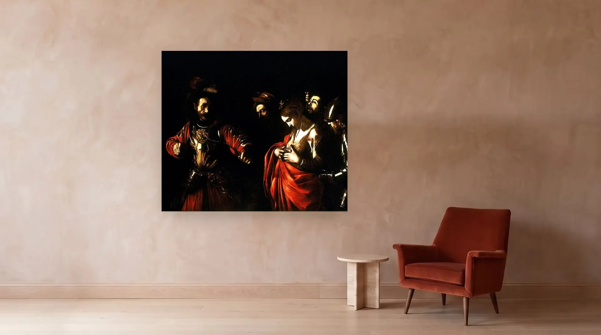 The Martyrdom of Saint Ursula by Caravaggio shown at its true size, 70" × 60½", beside an armchair