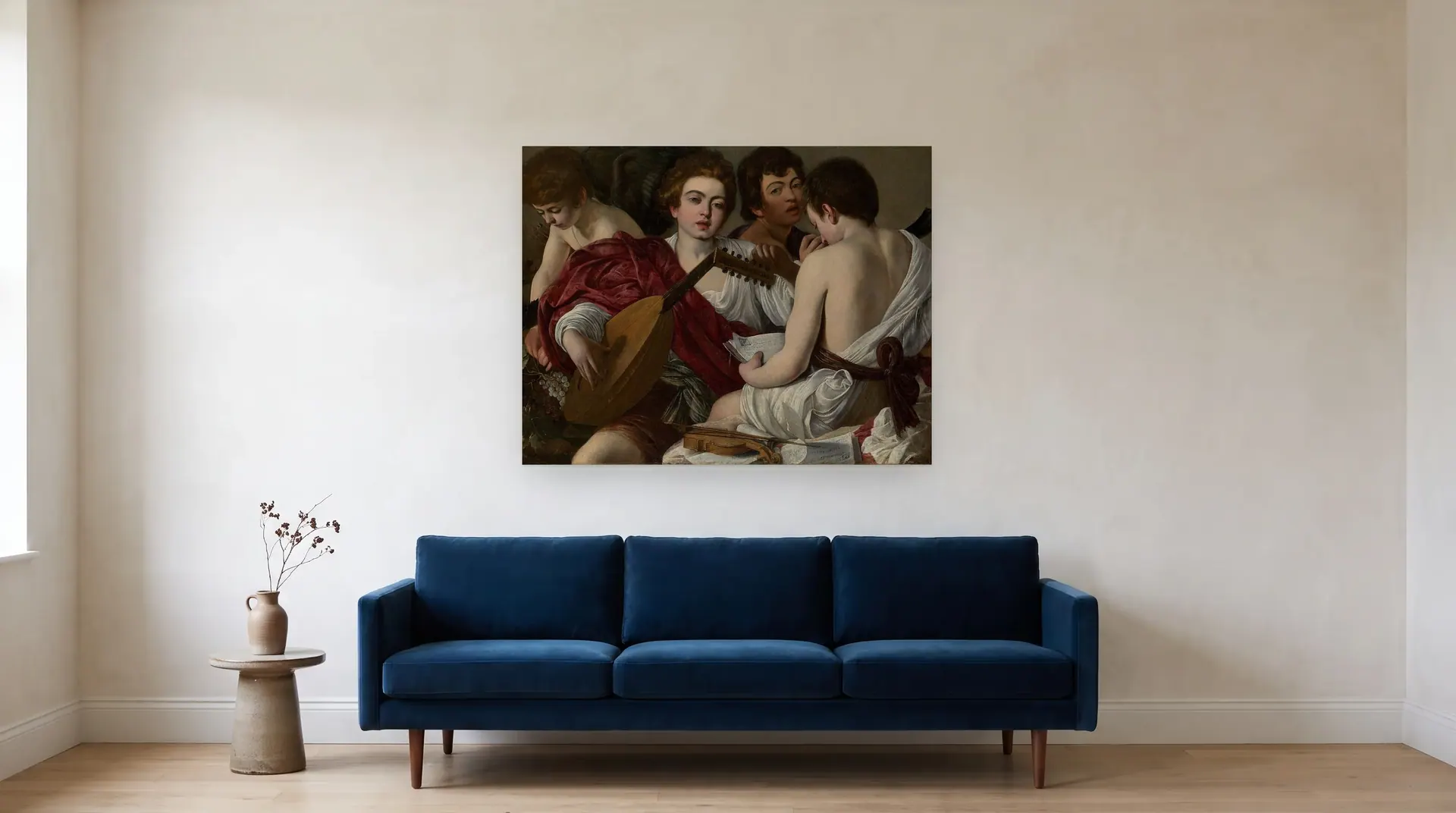 The Musicians by Caravaggio shown at its true size, 46½" × 36½", over an 84" sofa
