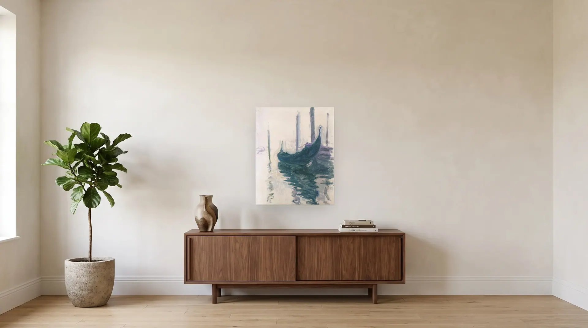 Gondola in Venice by Claude Monet shown at its true size, 25½" × 32", over a 72" sideboard