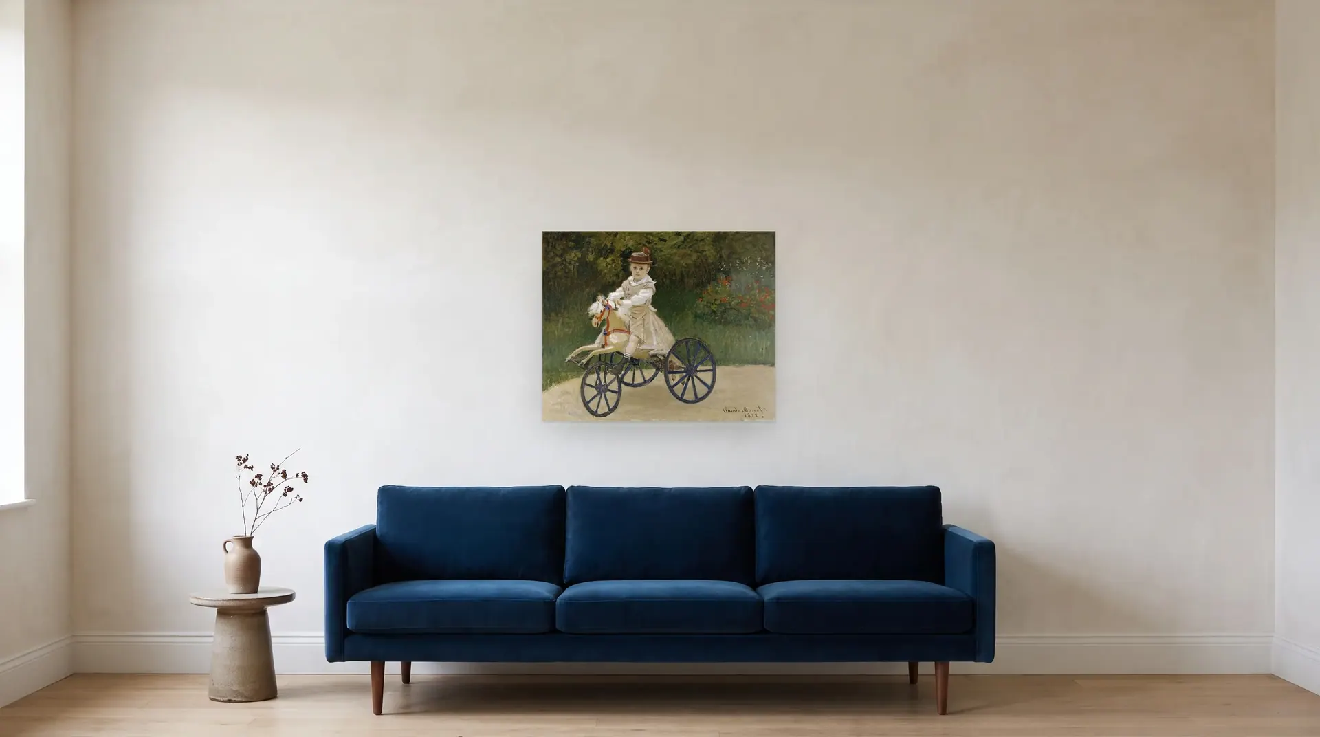 Jean Monet on His Hobby Horse by Claude Monet shown at its true size, 29½" × 24", over an 84" sofa