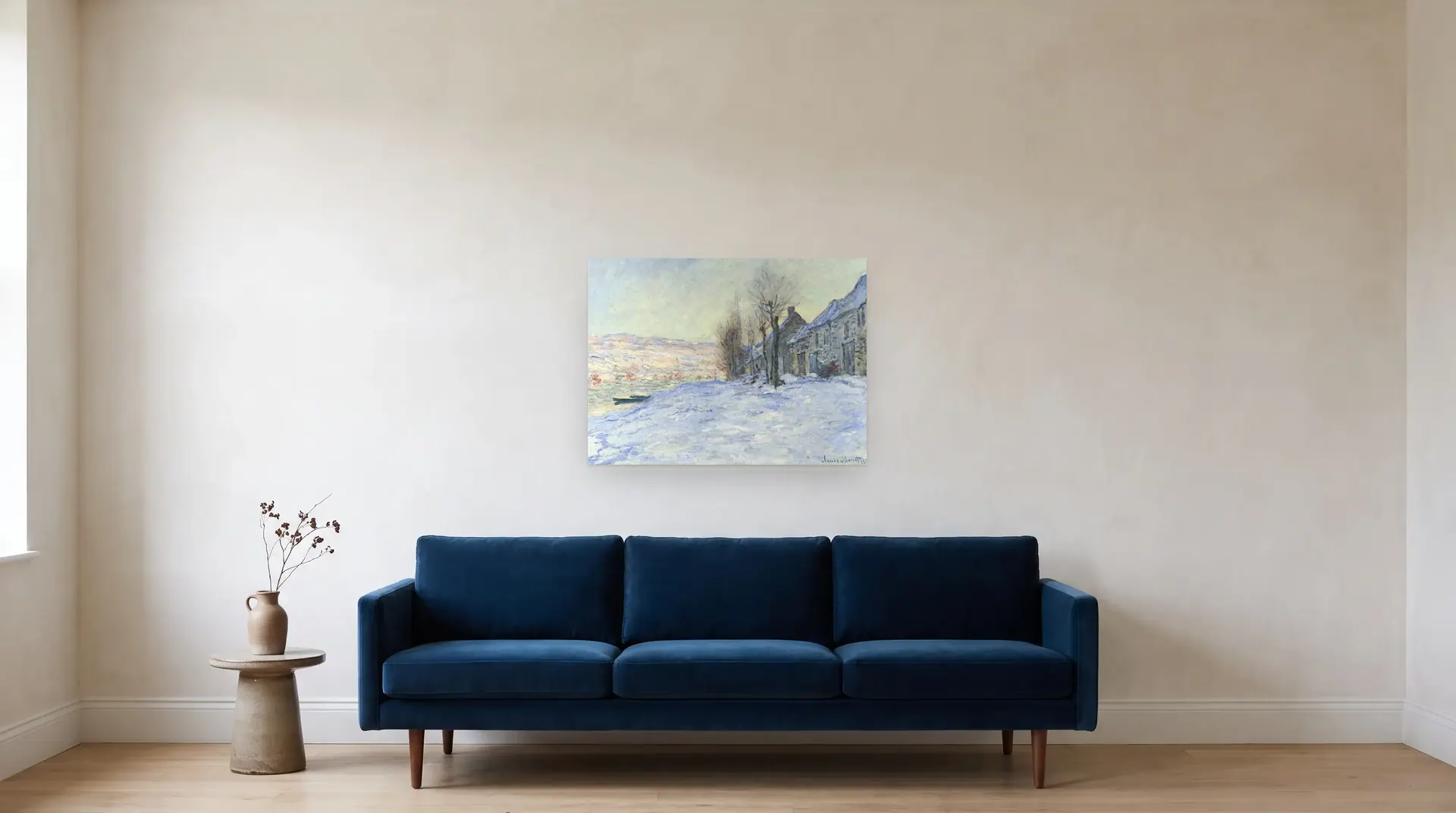 Lavacourt under Snow by Claude Monet shown at its true size, 31½" × 23½", over an 84" sofa