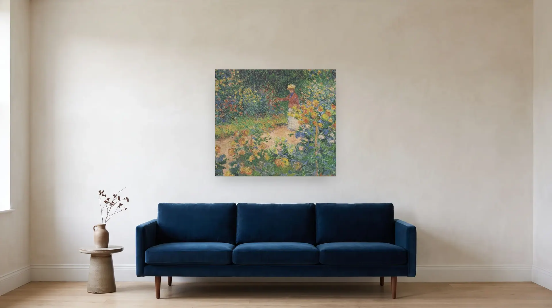 Monet's Garden at Giverny by Claude Monet shown at its true size, 36" × 32", over an 84" sofa