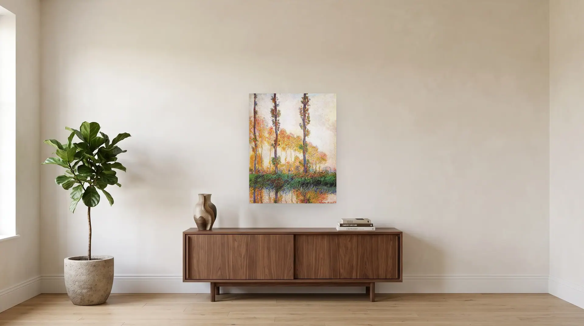 Poplars (Autumn) by Claude Monet shown at its true size, 28½" × 36", over a 72" sideboard