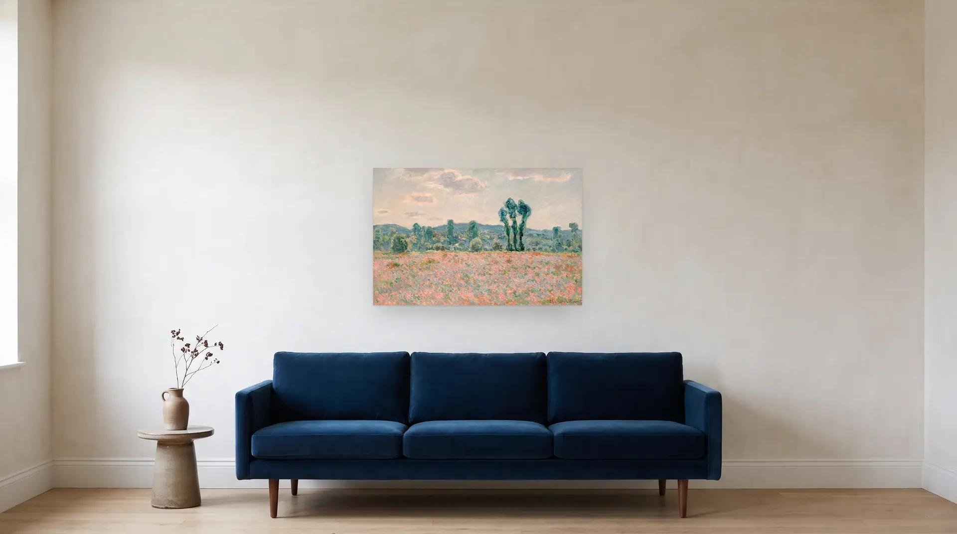 Poppy Field by Claude Monet shown at its true size, 36" × 24", over an 84" sofa