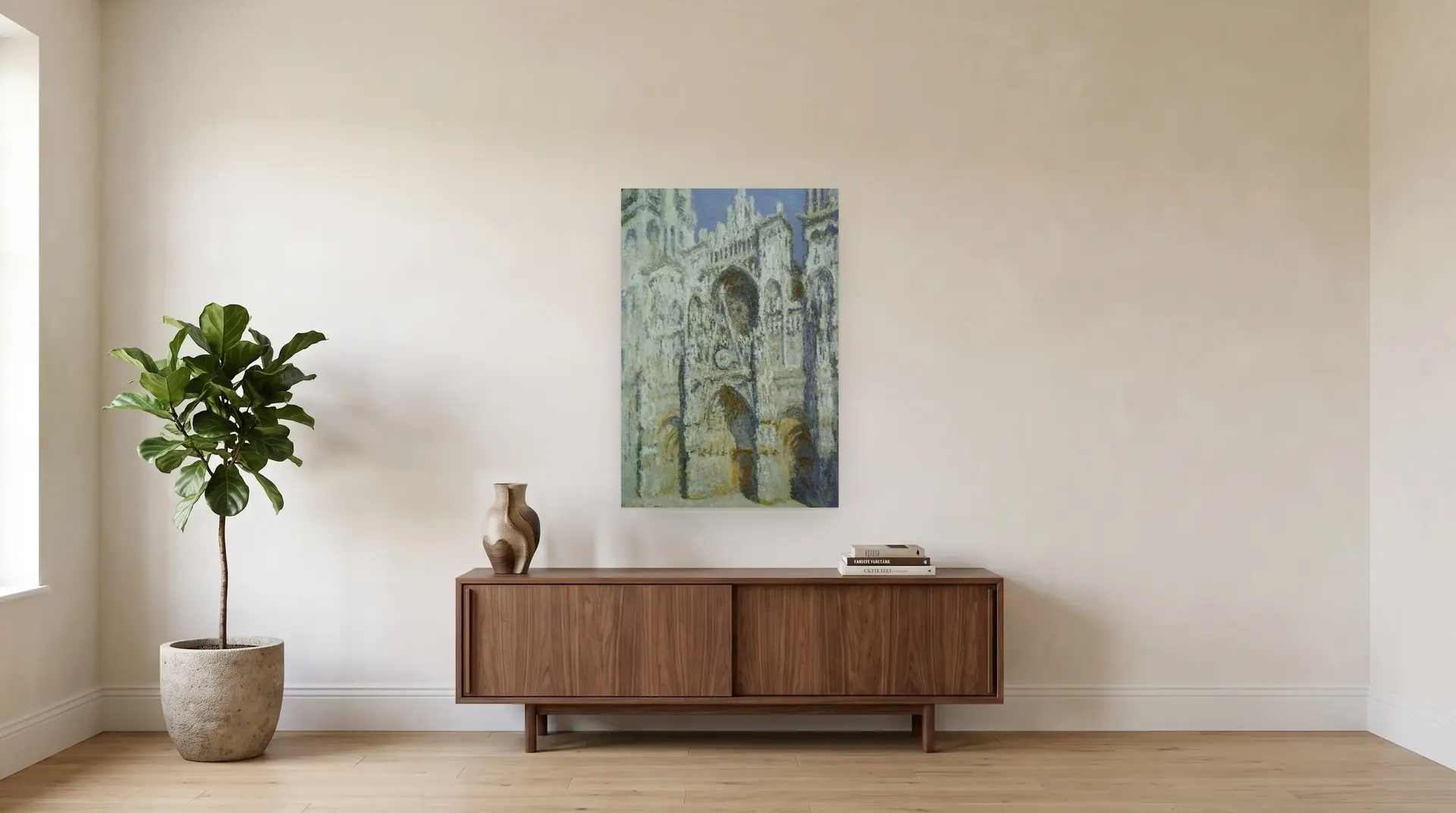 Rouen Cathedral, Full Sunlight (Harmony in Blue and Gold) by Claude Monet shown at its true size, 28½" × 42", over a 72" sideboard