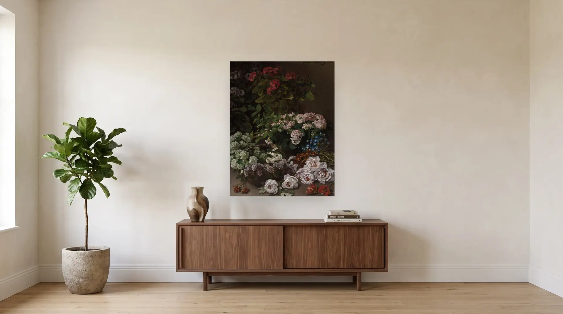 Spring Flowers by Claude Monet shown at its true size, 35½" × 46", over a 72" sideboard