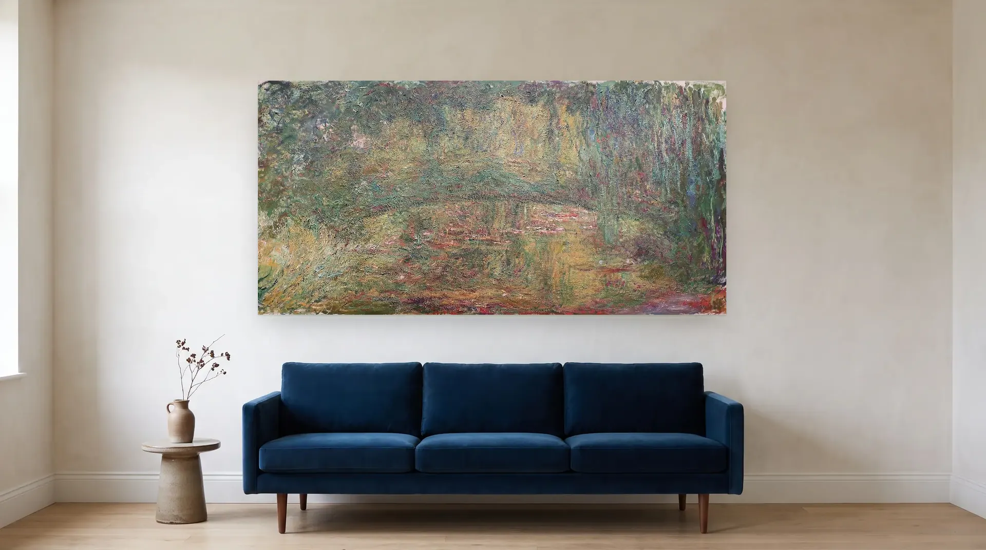The Japanese Bridge by Claude Monet shown at its true size, 78½" × 39½", over an 84" sofa