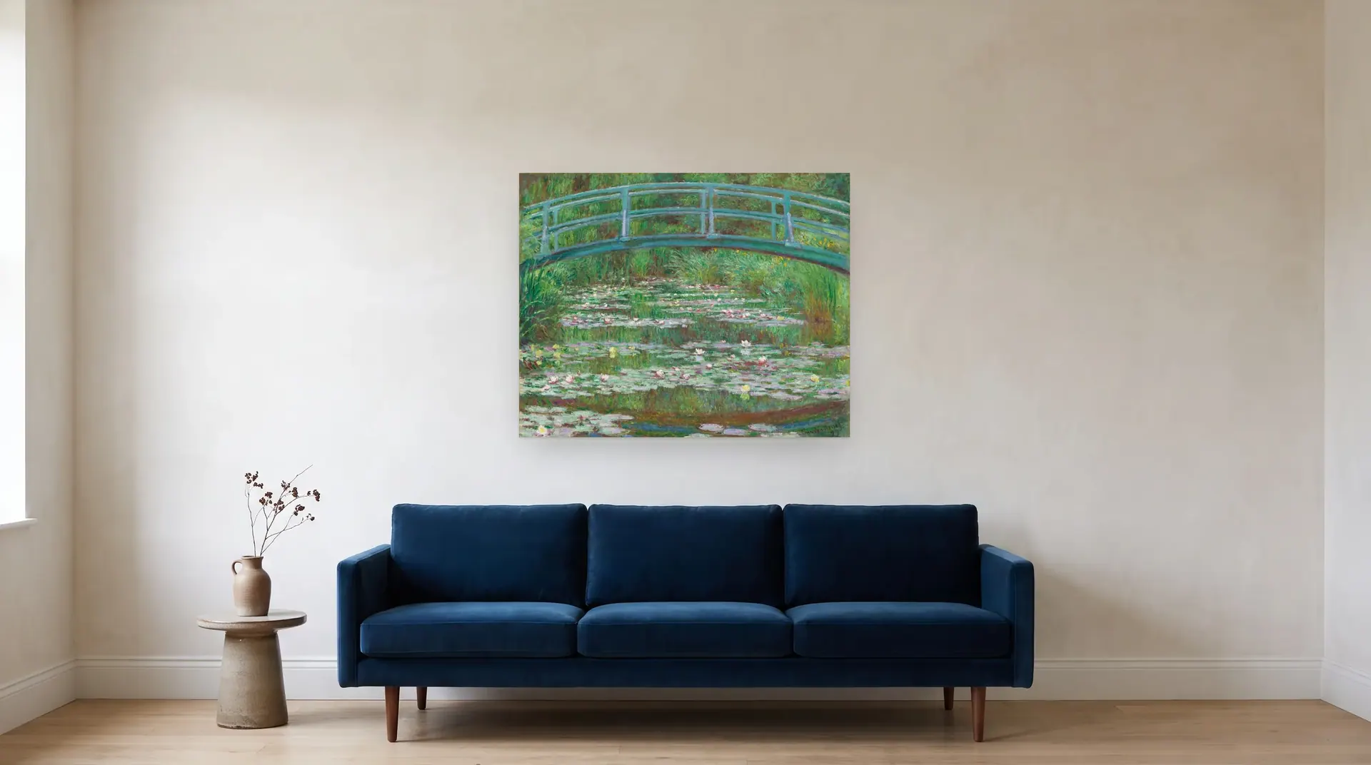 The Japanese Footbridge by Claude Monet shown at its true size, 40" × 32", over an 84" sofa