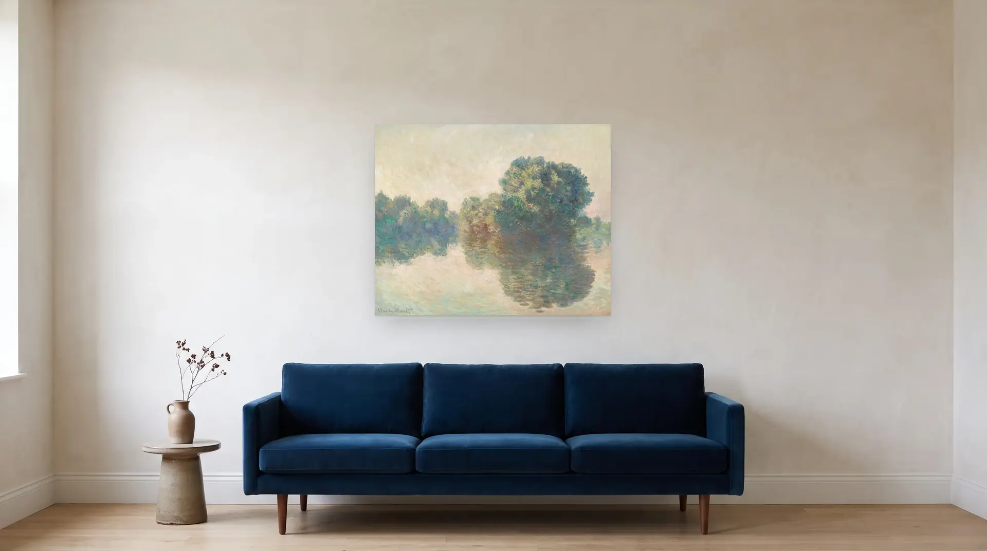 The Seine at Giverny by Claude Monet shown at its true size, 39½" × 32", over an 84" sofa