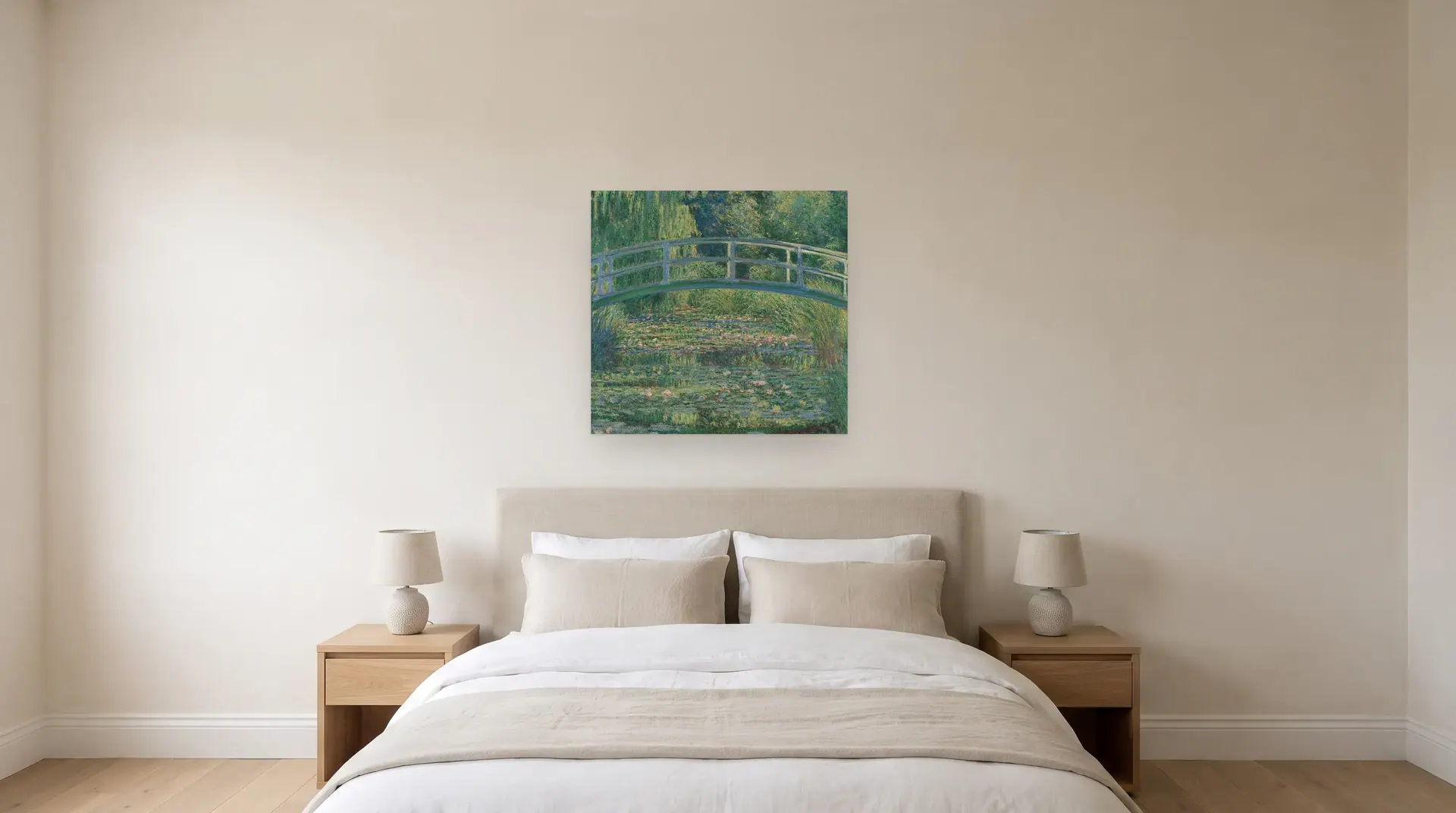 The Water Lily Pond (Le Bassin aux nymphéas) by Claude Monet shown at its true size, 36½" × 35", over a queen bed