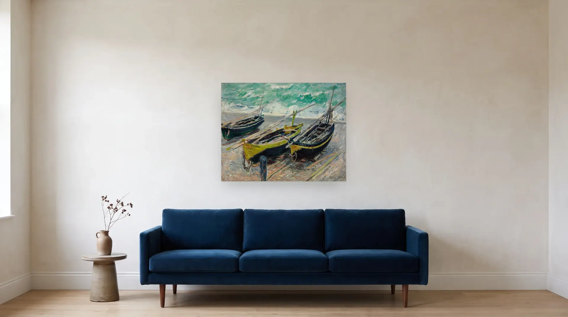 Three Fishing Boats by Claude Monet shown at its true size, 36½" × 28½", over an 84" sofa