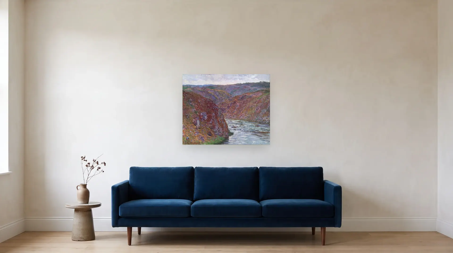 Valley of the Creuse (Gray Day) by Claude Monet shown at its true size, 32" × 26", over an 84" sofa