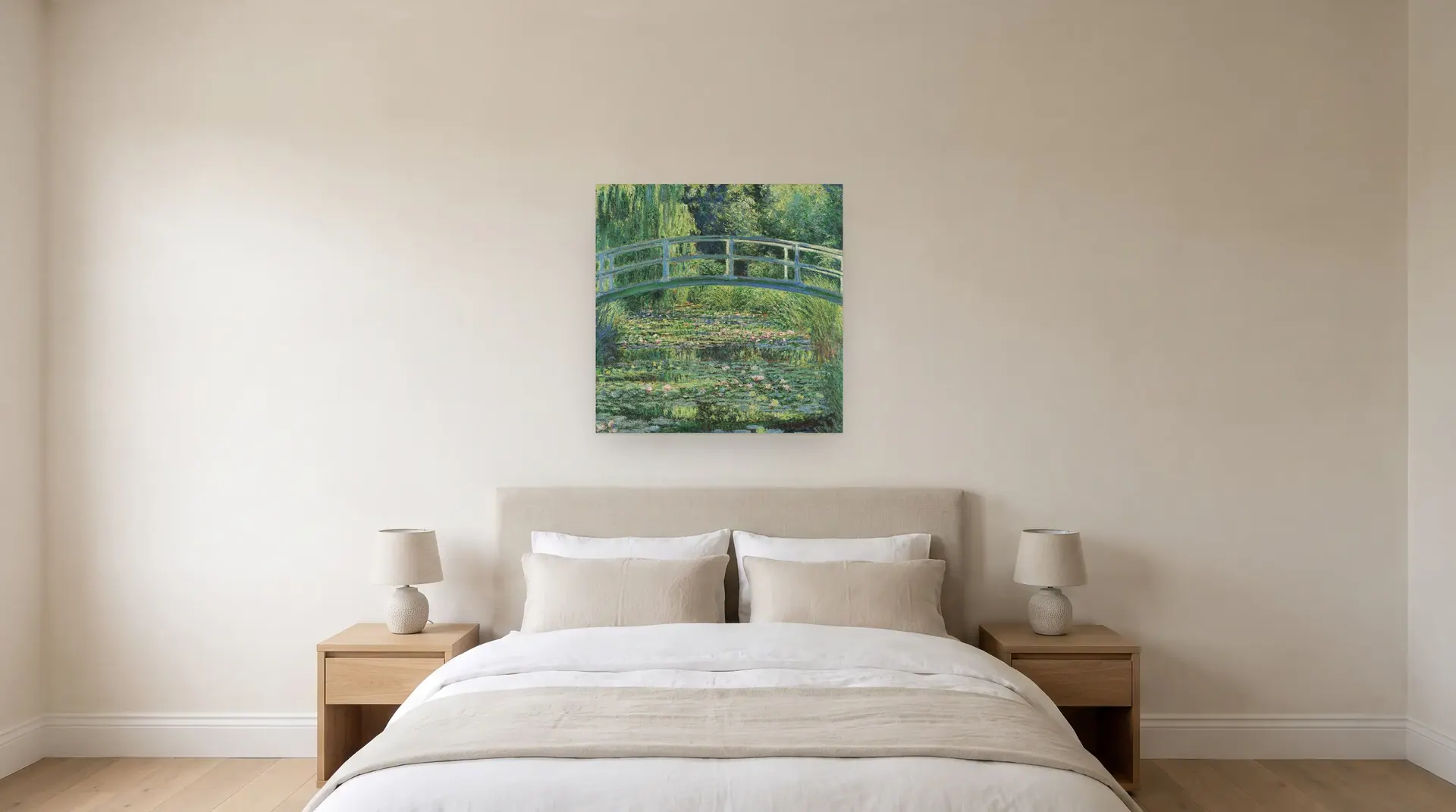 Water Lilies and Japanese Bridge by Claude Monet shown at its true size, 35½" × 35½", over a queen bed