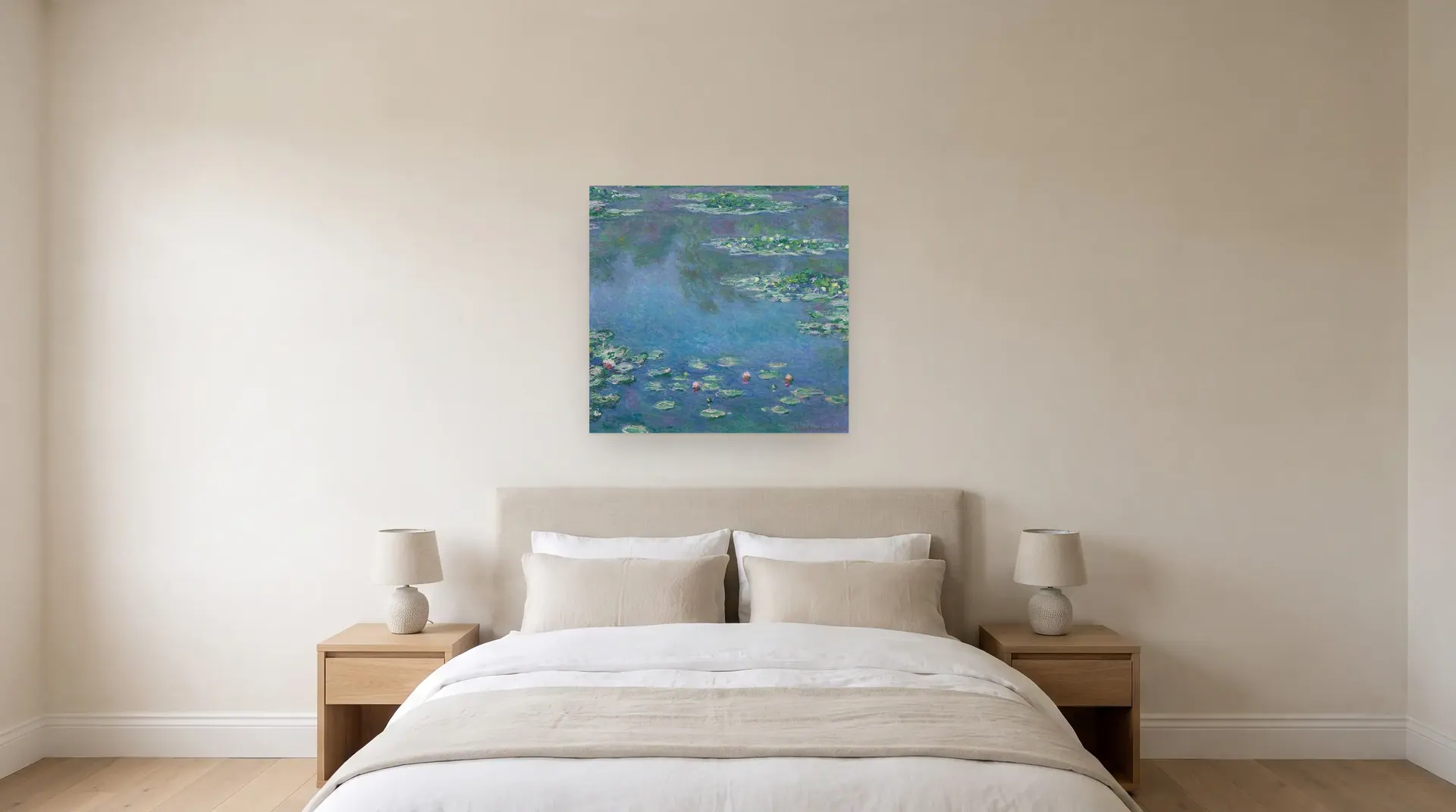 Water Lilies (Nymphéas), 1906 by Claude Monet shown at its true size, 37" × 35½", over a queen bed