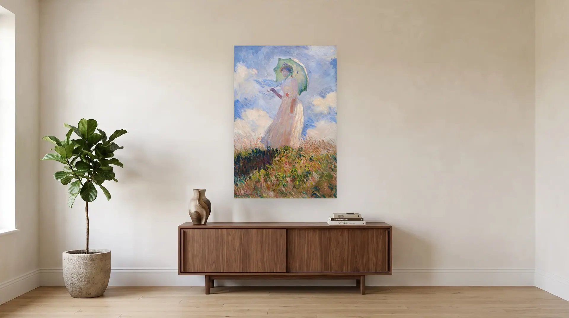 Woman with a Parasol, facing left by Claude Monet shown at its true size, 34½" × 51½", over a 72" sideboard