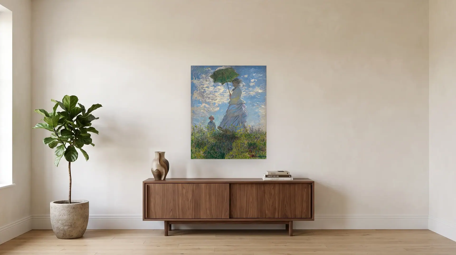 Woman with a Parasol – Madame Monet and Her Son by Claude Monet shown at its true size, 32" × 39½", over a 72" sideboard