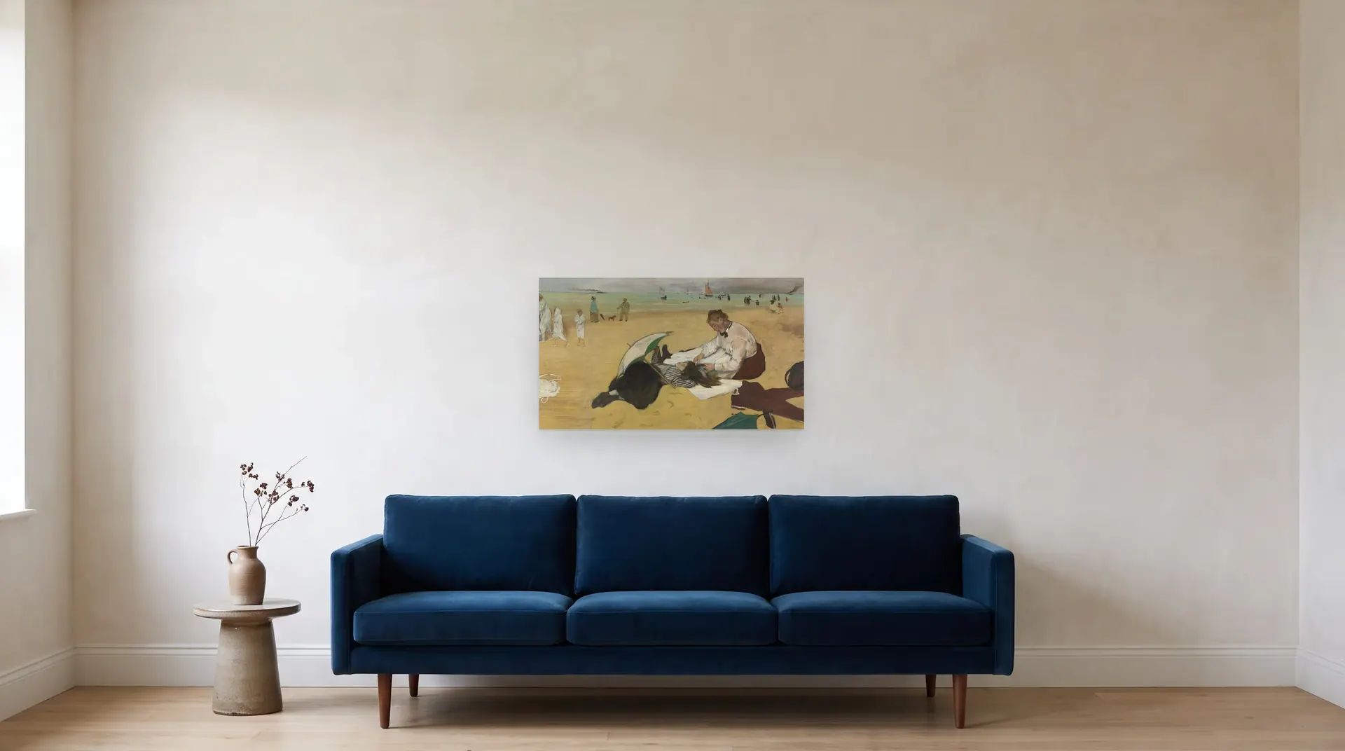 Beach Scene by Edgar Degas shown at its true size, 32½" × 18½", over an 84" sofa