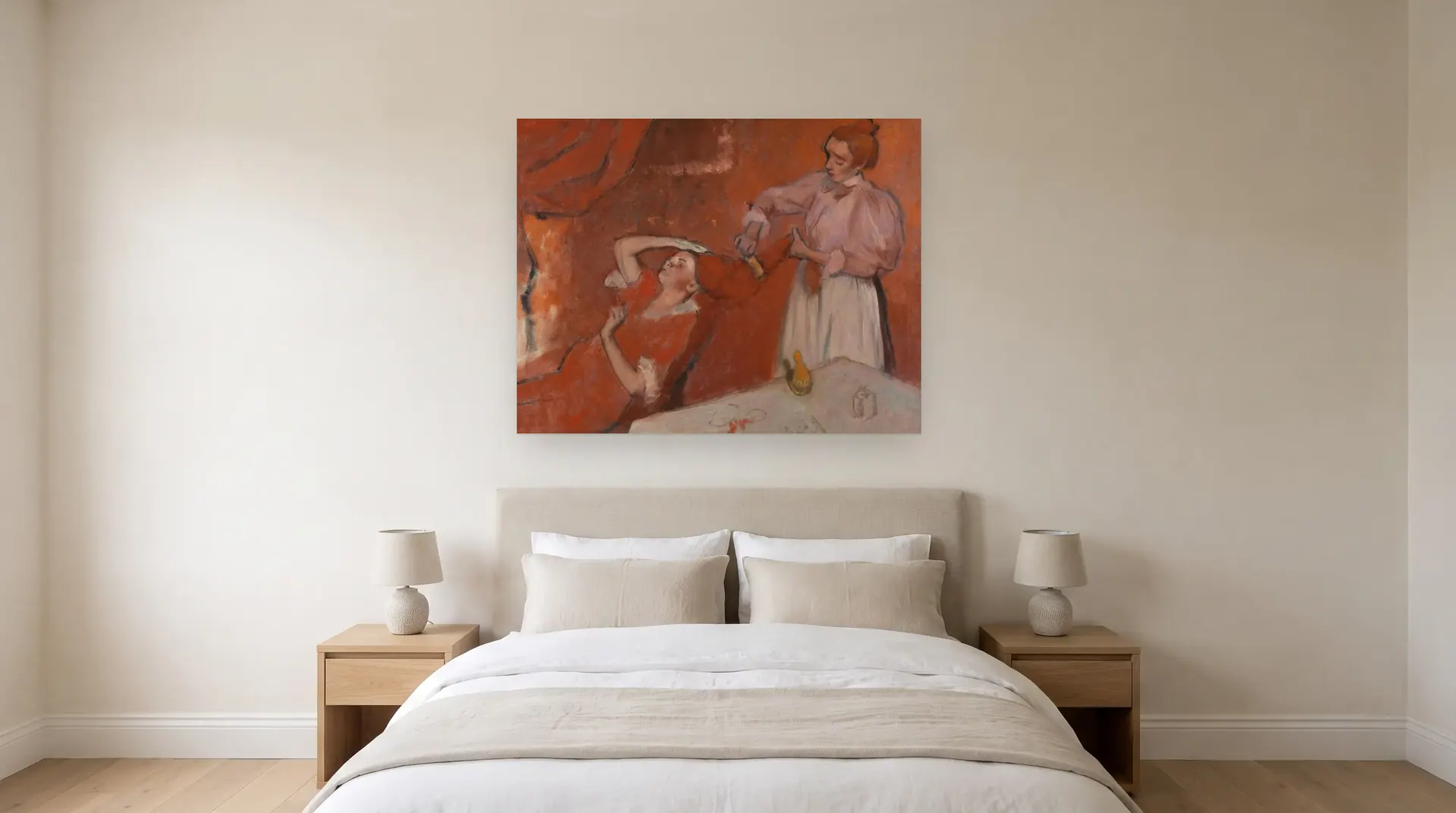 Combing the Hair by Edgar Degas shown at its true size, 58" × 45", over a queen bed