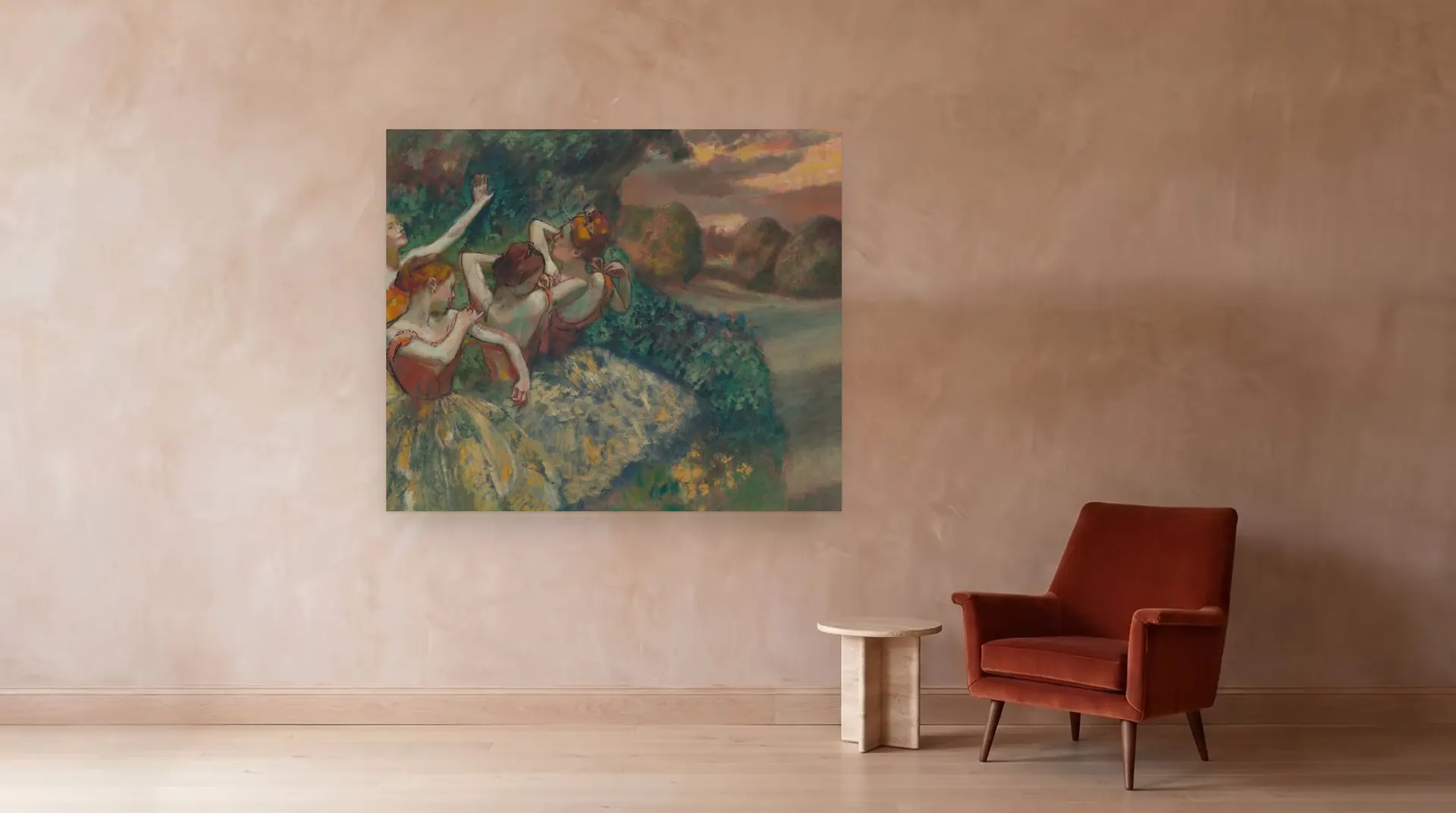 Four Dancers by Edgar Degas shown at its true size, 71" × 59½", beside an armchair