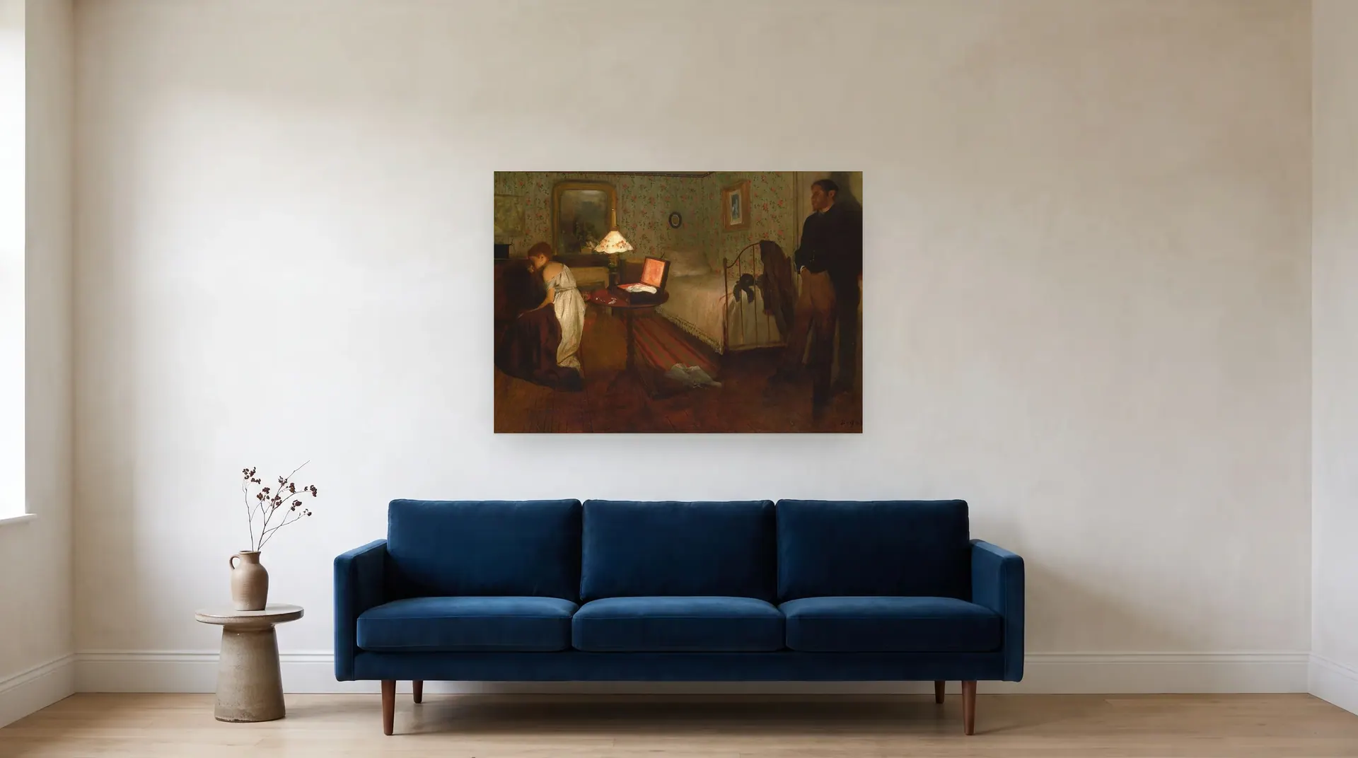 Interior by Edgar Degas shown at its true size, 45" × 32", over an 84" sofa